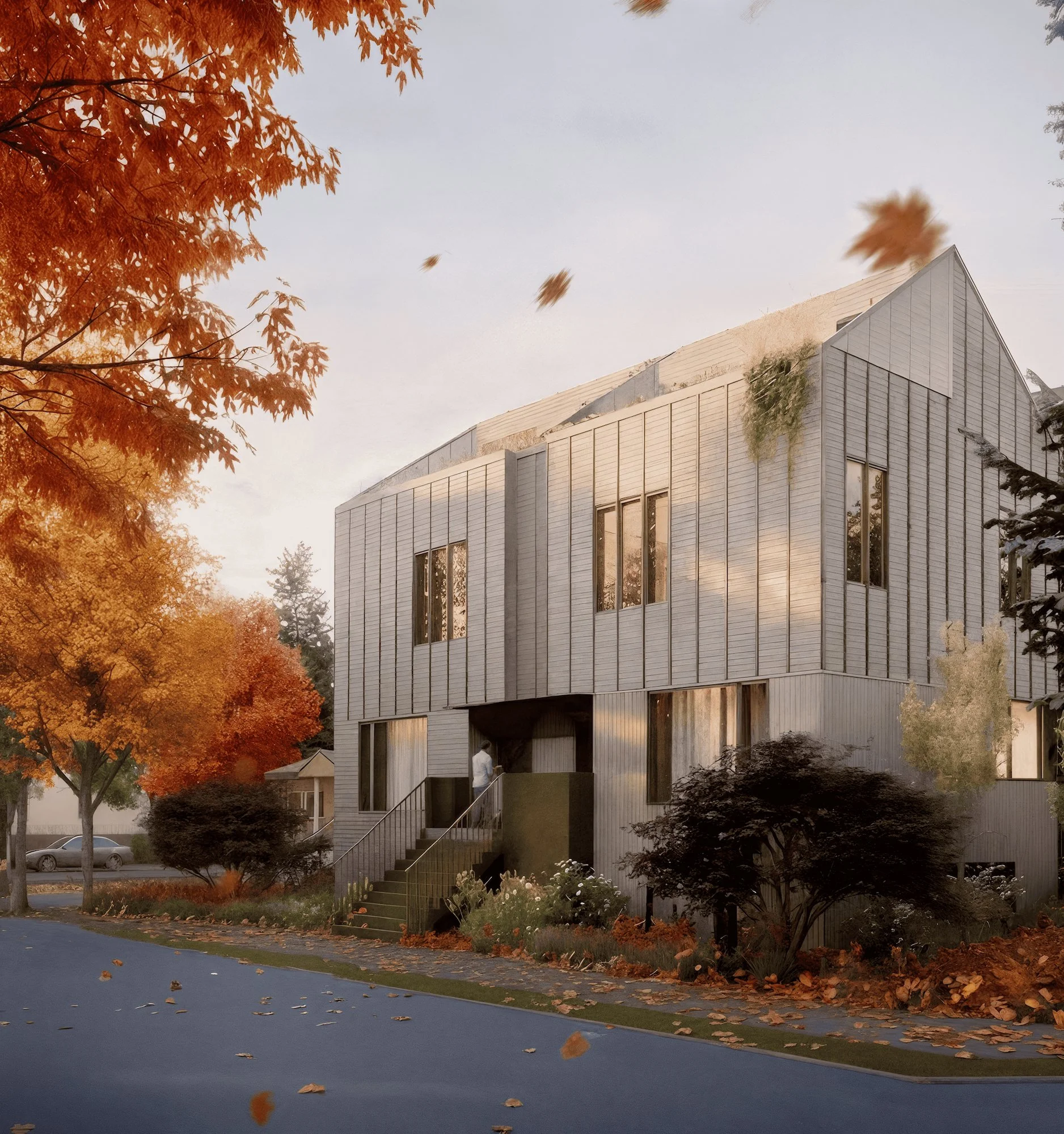A modern house with gray vertical siding and large windows, surrounded by fall foliage with orange and red trees, in an autumn setting.