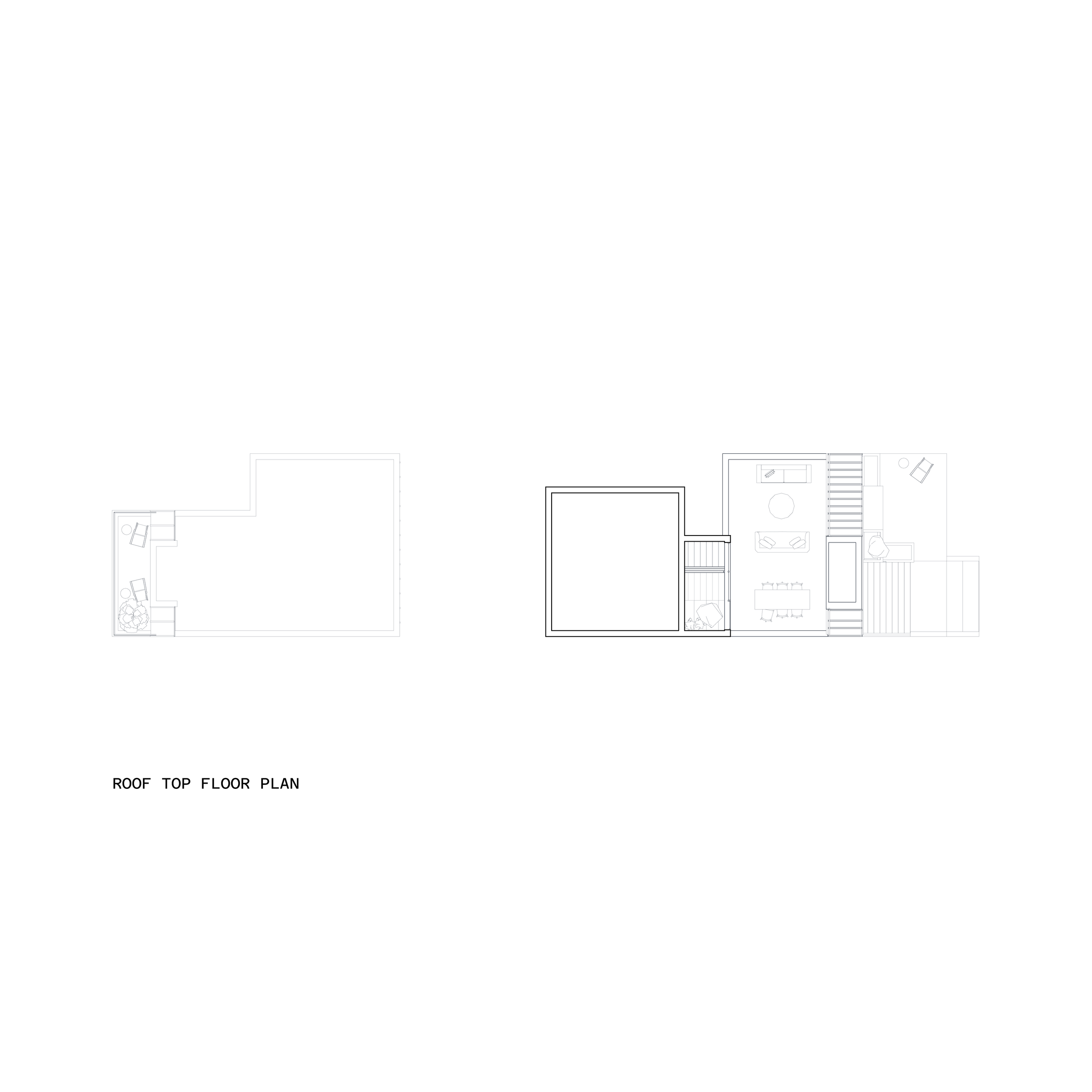 Architectural floor plan of a roof top with multiple sections including a living area, stairs, and outdoor spaces.