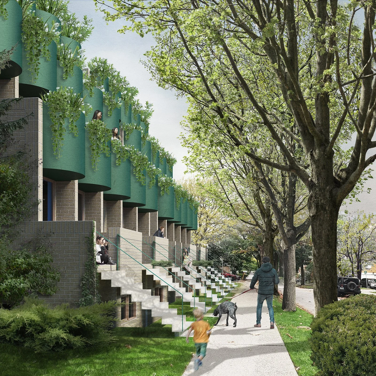 A residential street with a modern building featuring green cylindrical balconies decorated with plants, alongside a tree-lined sidewalk where people are walking and sitting.