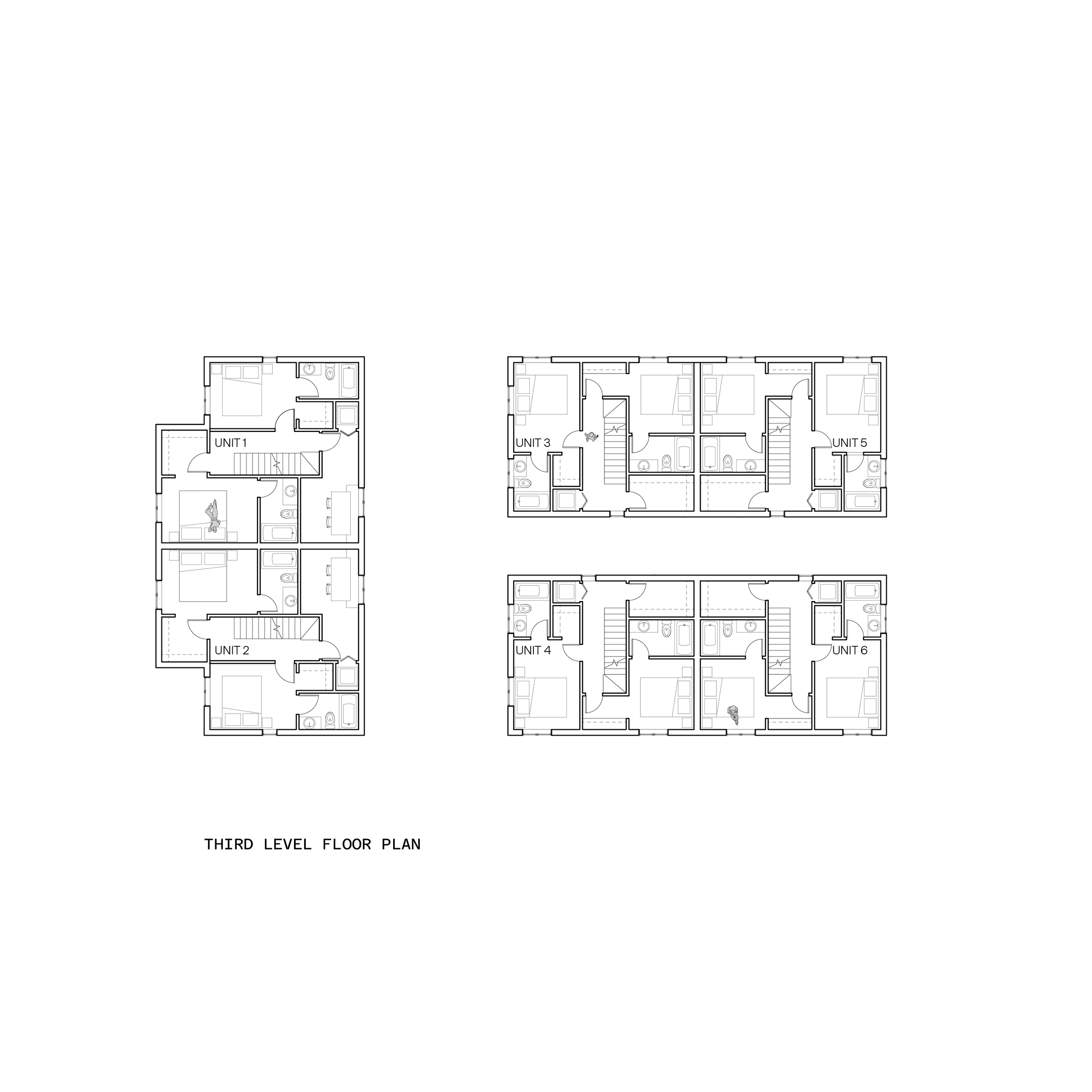Floor plan of the third level of an apartment building showing six units labeled one through six, each with bedrooms, bathrooms, and living areas, arranged in four separate layout sections.
