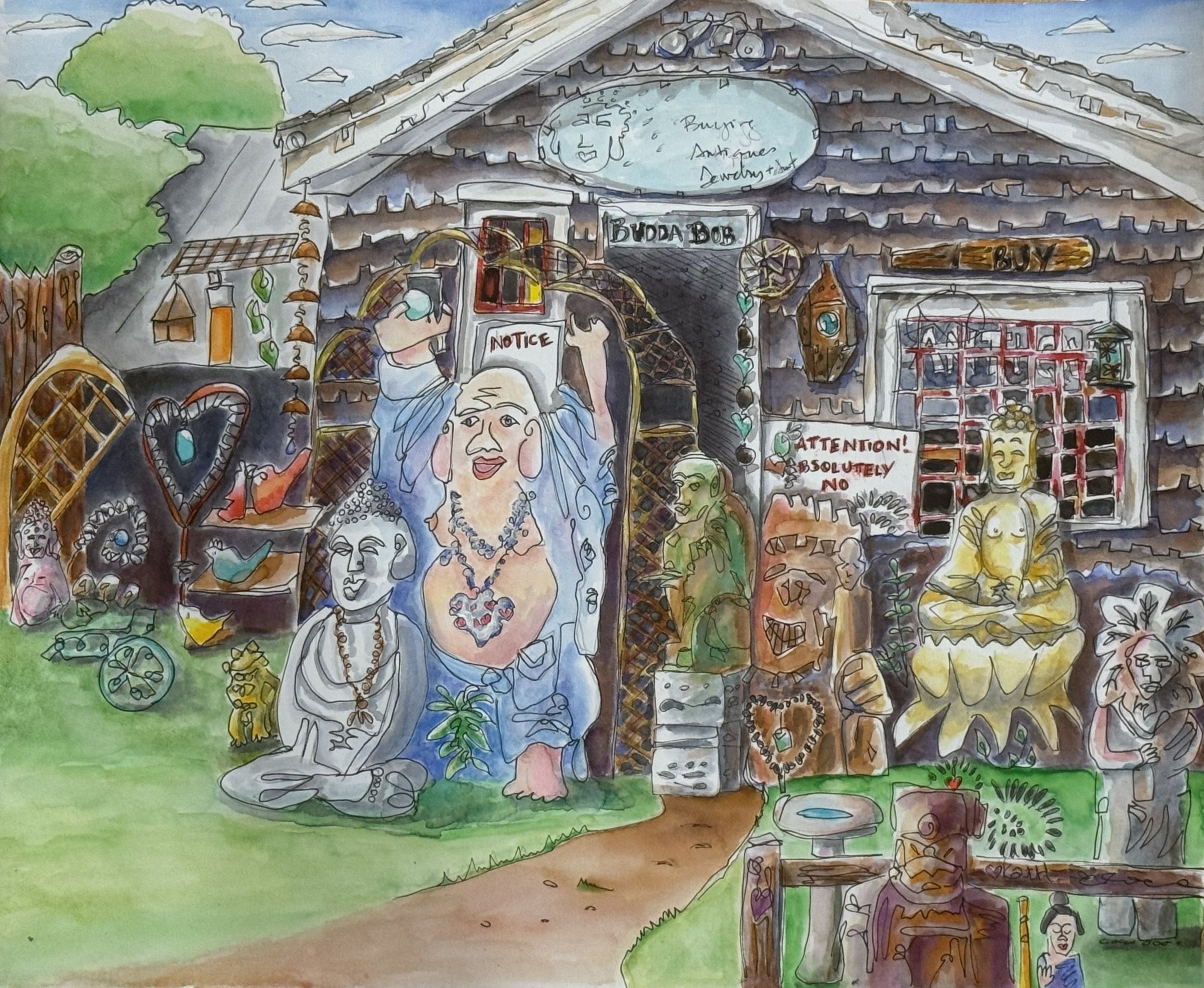 Budda Bobs, 2025. Watercolor and ink on paper - 14 X 17 in.