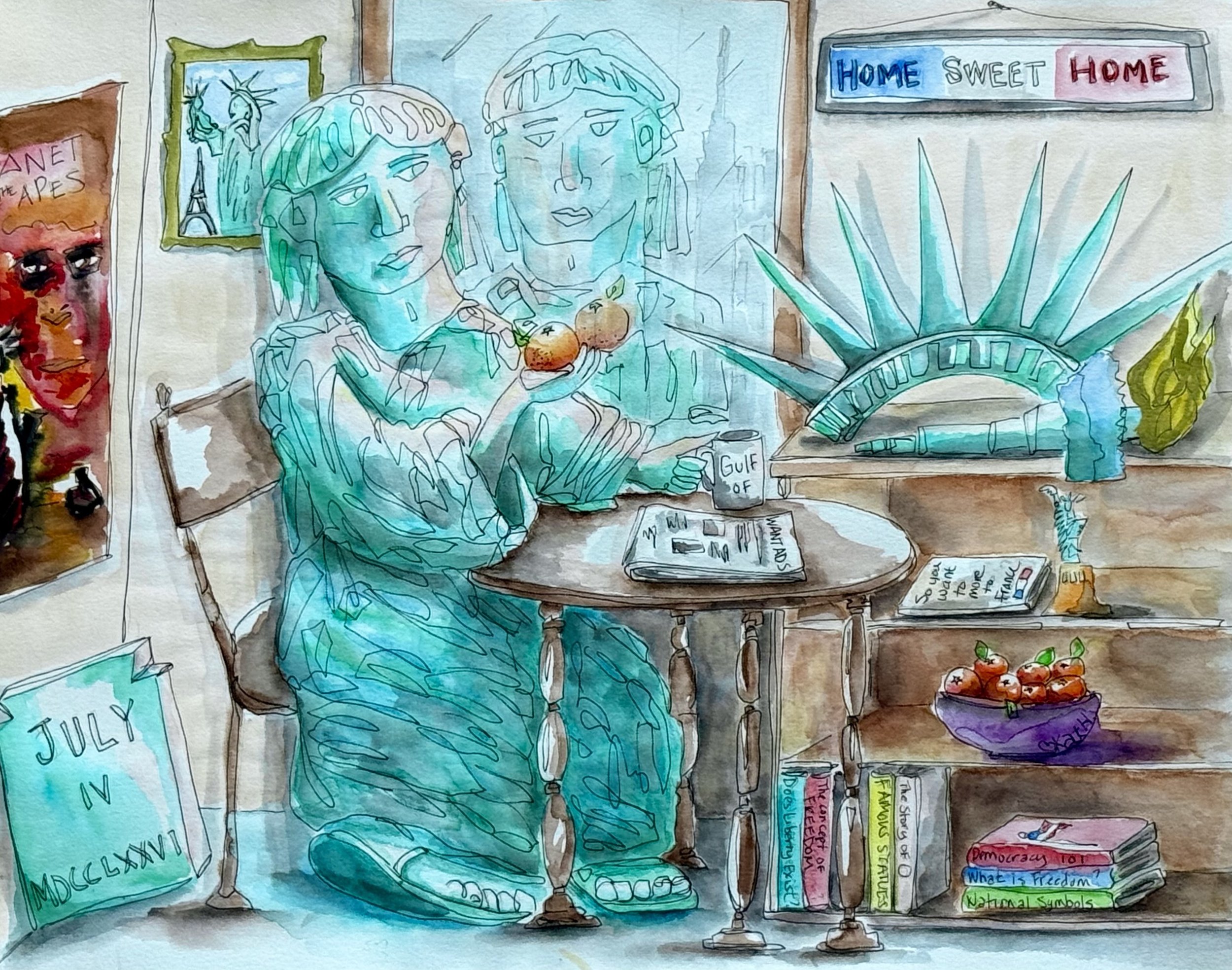 Contemplating Liberty, 2025. Watercolor & Ink on paper - 11 x 14 in.