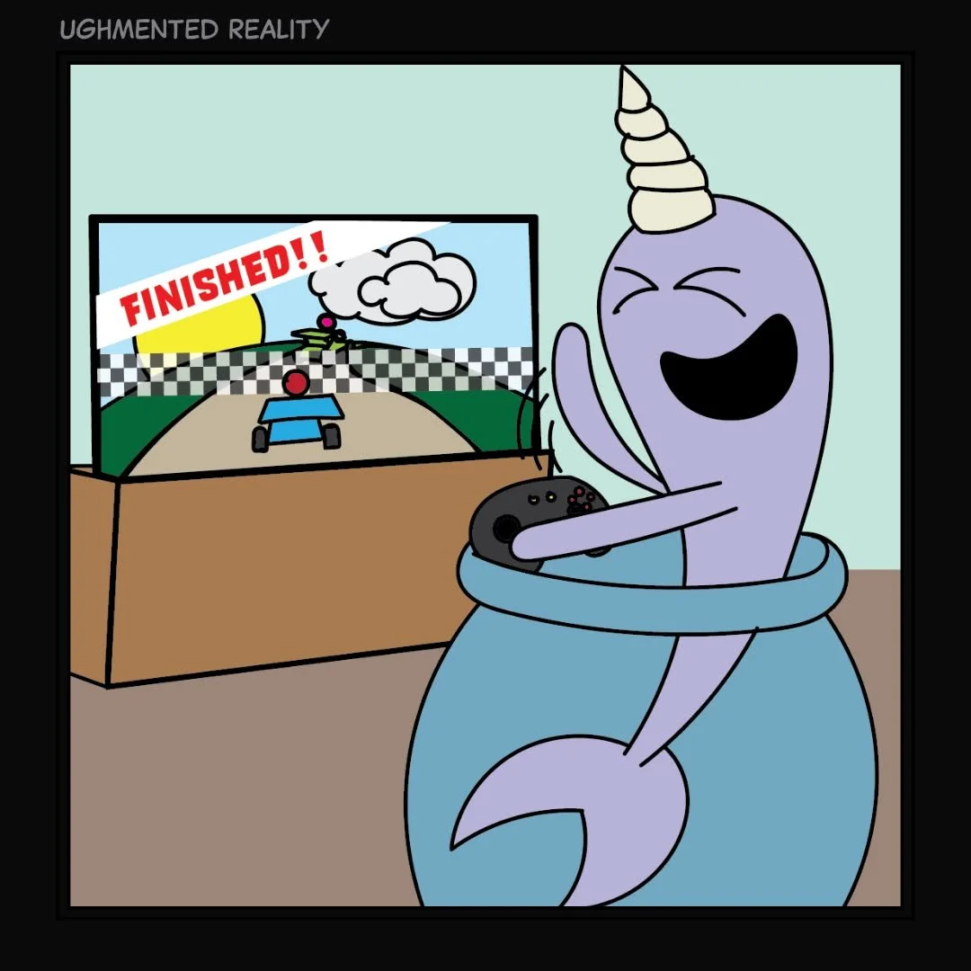 Well, what do you expect from a small whale with no fingers or thumbs?! 😠
🔥 Ughmented Reality just hit 2 years old (!!)
To celebrate, there's a few special gifts!
🛒 The merch shop is LIVE — shirts, stickers, and more!
📖 The first comic bo