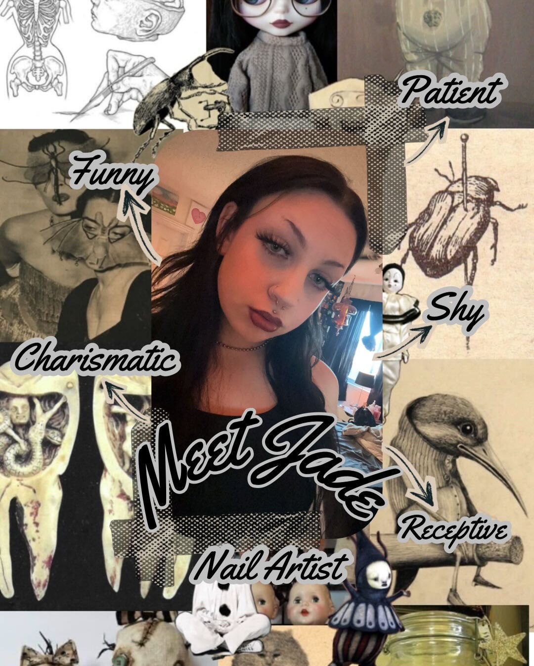 Meet Jade! 🖤 
One of our Nail Artist~ 

Jade is kind, funny, and a joy to be around. Anyone that sits in her chair will feel welcomed and as if they&rsquo;ve always had a friend. Fuck with her vibe? Book with her by following the link in our bio. 🐦