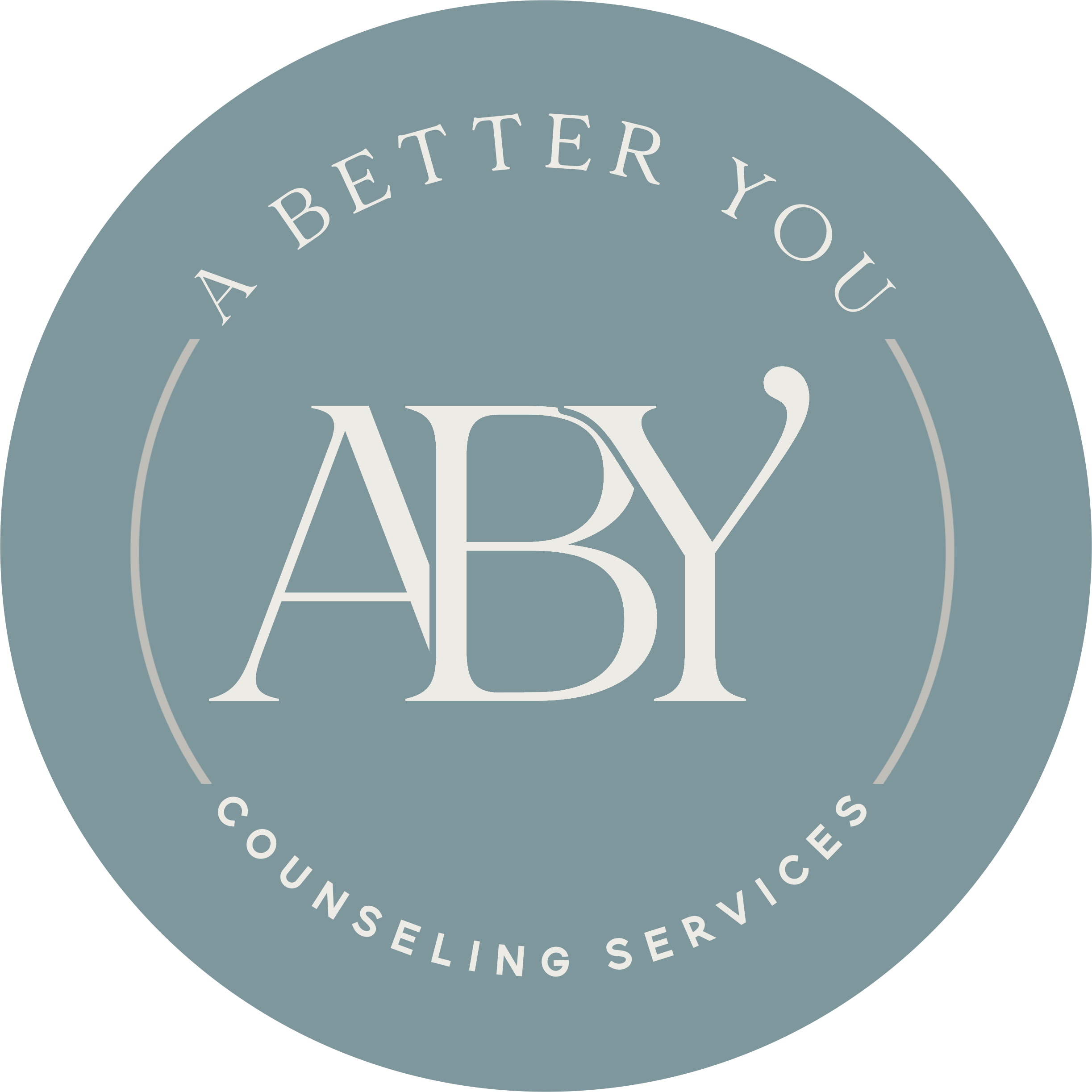 Circular logo with the words 'A Better You' at the top and 'Counseling Services' at the bottom. In the center, large stylized initials 'ABY'.