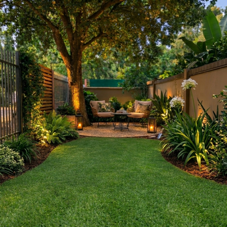 Gepflegter Garten mit grüner Rasenfläche, großem Baum und gemütlicher Sitzecke, umgeben von Pflanzen und stimmungsvoller Gartenbeleuchtung.