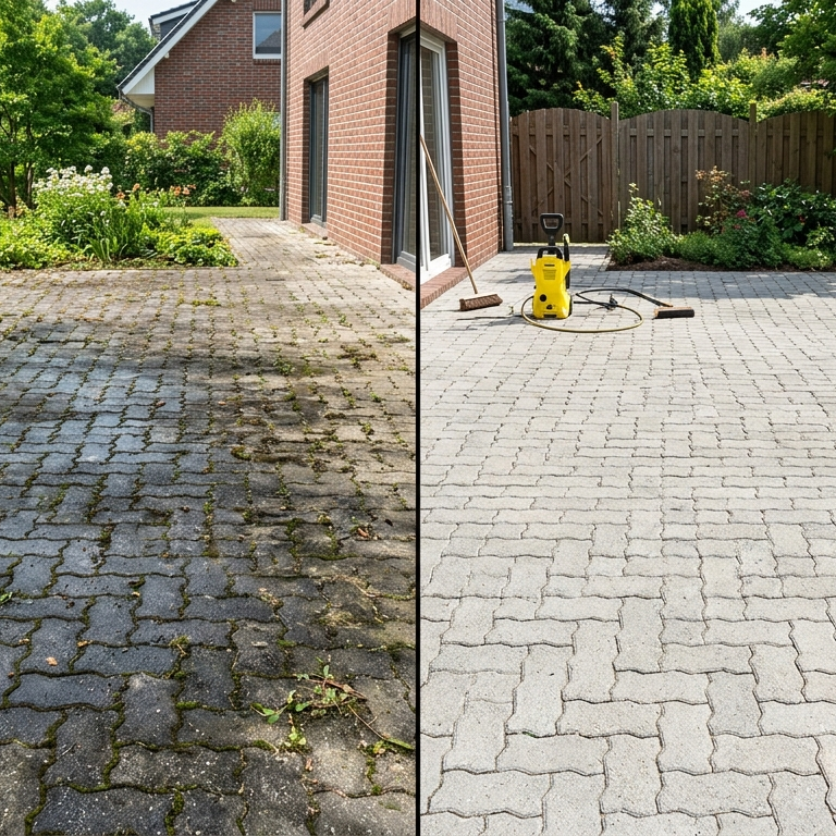 Vorher-Nachher-Vergleich einer Hauseinfahrt aus Backstein: Links mit Unkraut und Schmutz, rechts die professionell gereinigte, unkrautfreie Oberfläche.