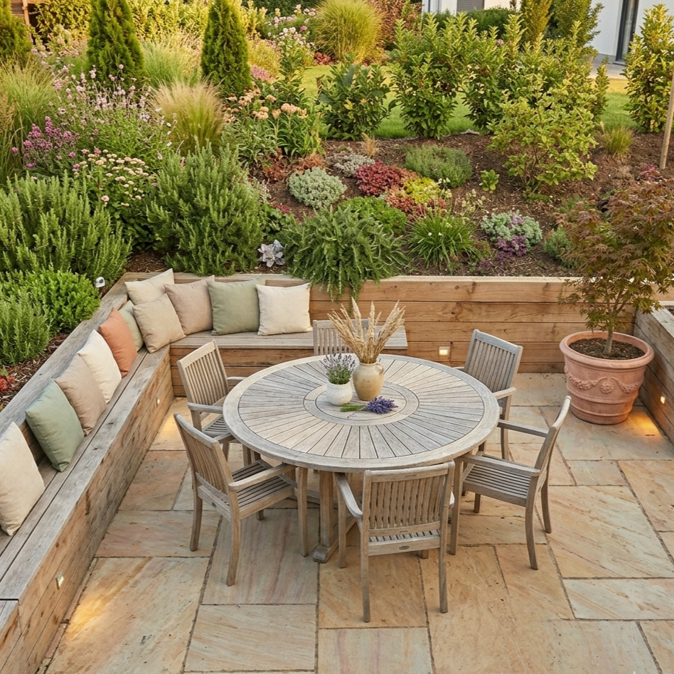 Exklusive Terrassengestaltung  Hamburger Gärtnerei dein Gartenheld: Rund Holz-Esstisch mit Lavendel-Deko, eine eingebaute Sitzbank mit Pastell-Kissen und ein üppiger, grüner Garten im Hintergrund.
