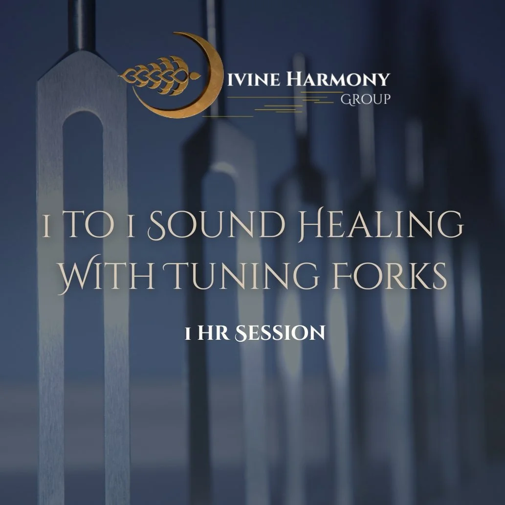 Image of tuning forks with text overlaid advertising a sound healing session with tuning forks by Ivyne Harmony Group.