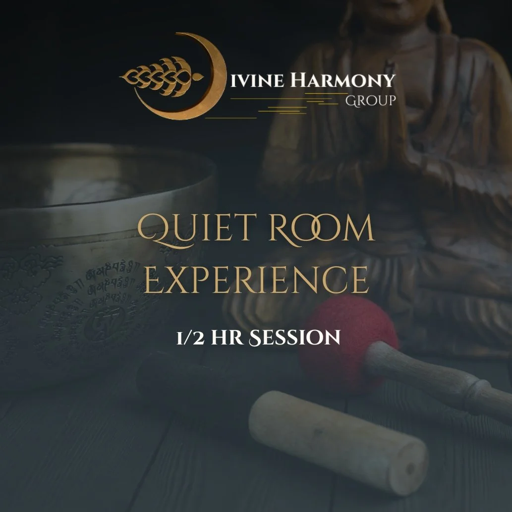 Promotional image for IVINE HARMONY GROUP, advertising a quiet room experience for a 30-minute session, with a background featuring a Tibetan singing bowl, a gavel, and a statue.