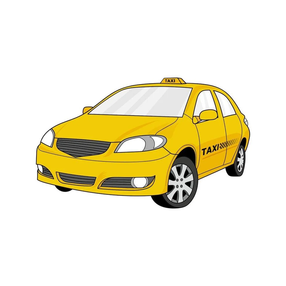 Yellow taxi cab car with 'TAXI' signs on the roof and side, and black checkered pattern on the side.