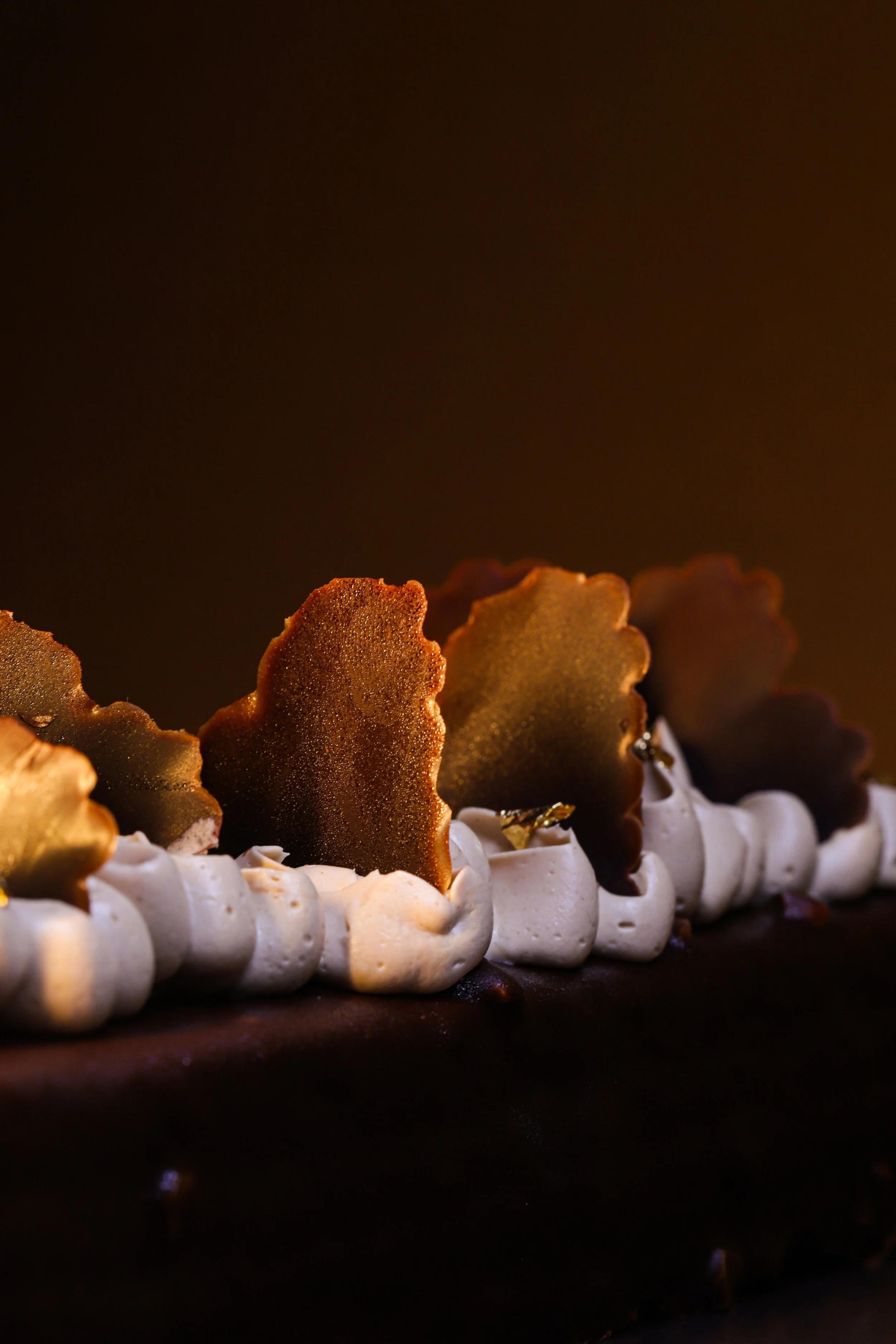 Close-up of a chocolate cake with white frosting and decorative golden chocolate pieces on top.