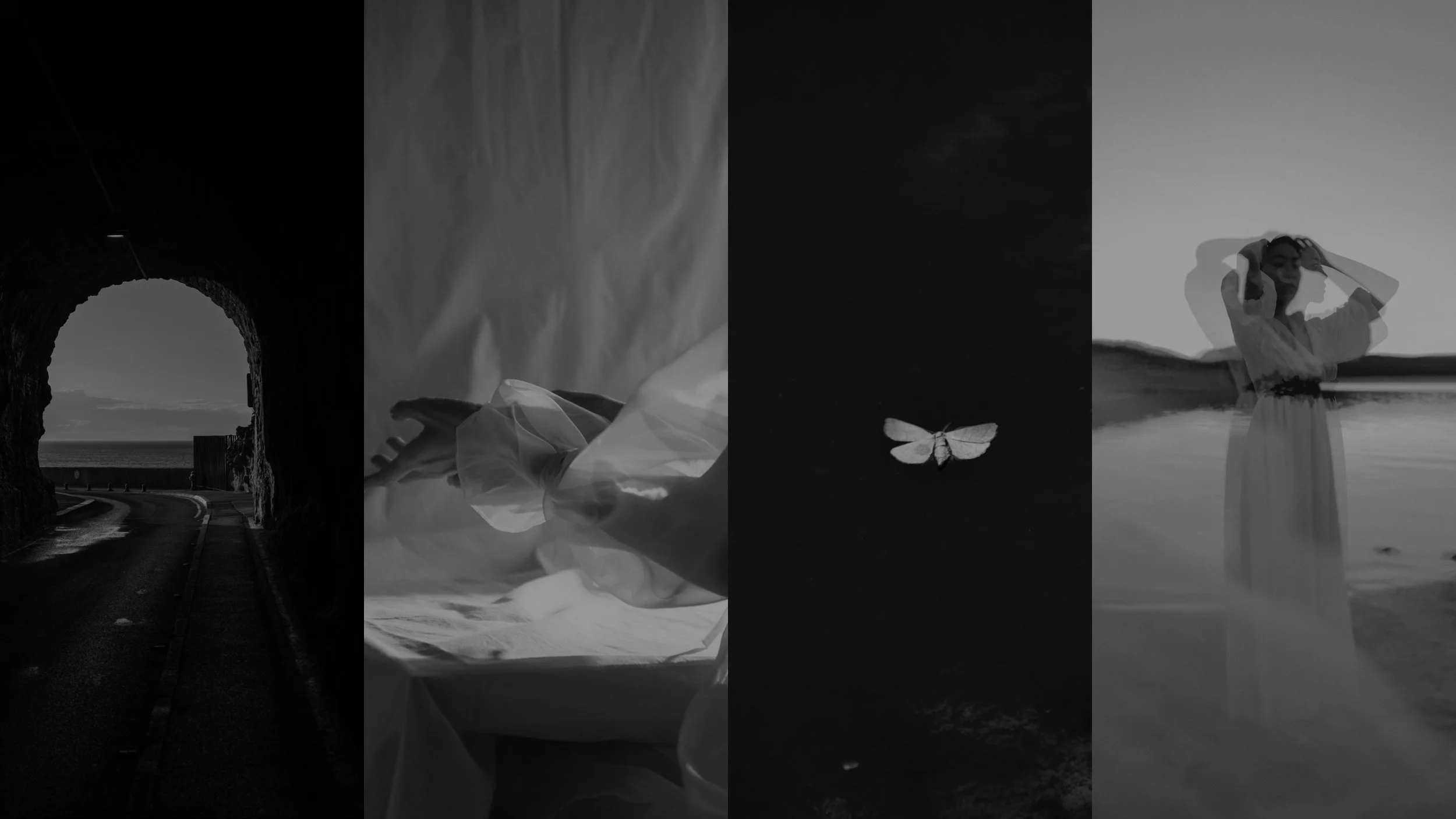Fyra svarta och vita fotografier visar en tunnel med havsutsikt, händer som håller ett tygstycke, en fjäril på vattnet och en kvinna i en flytande klänning i vattnet.