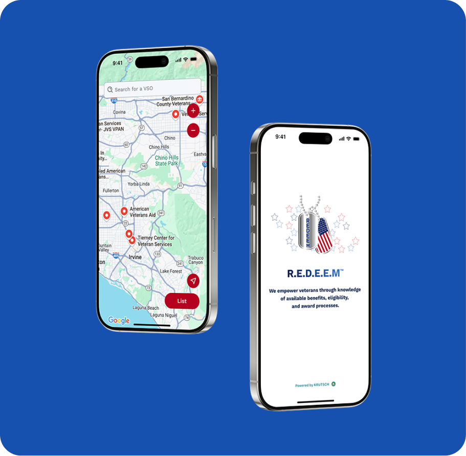 Redeem mobile mockups showing VSO map view and splash screen.