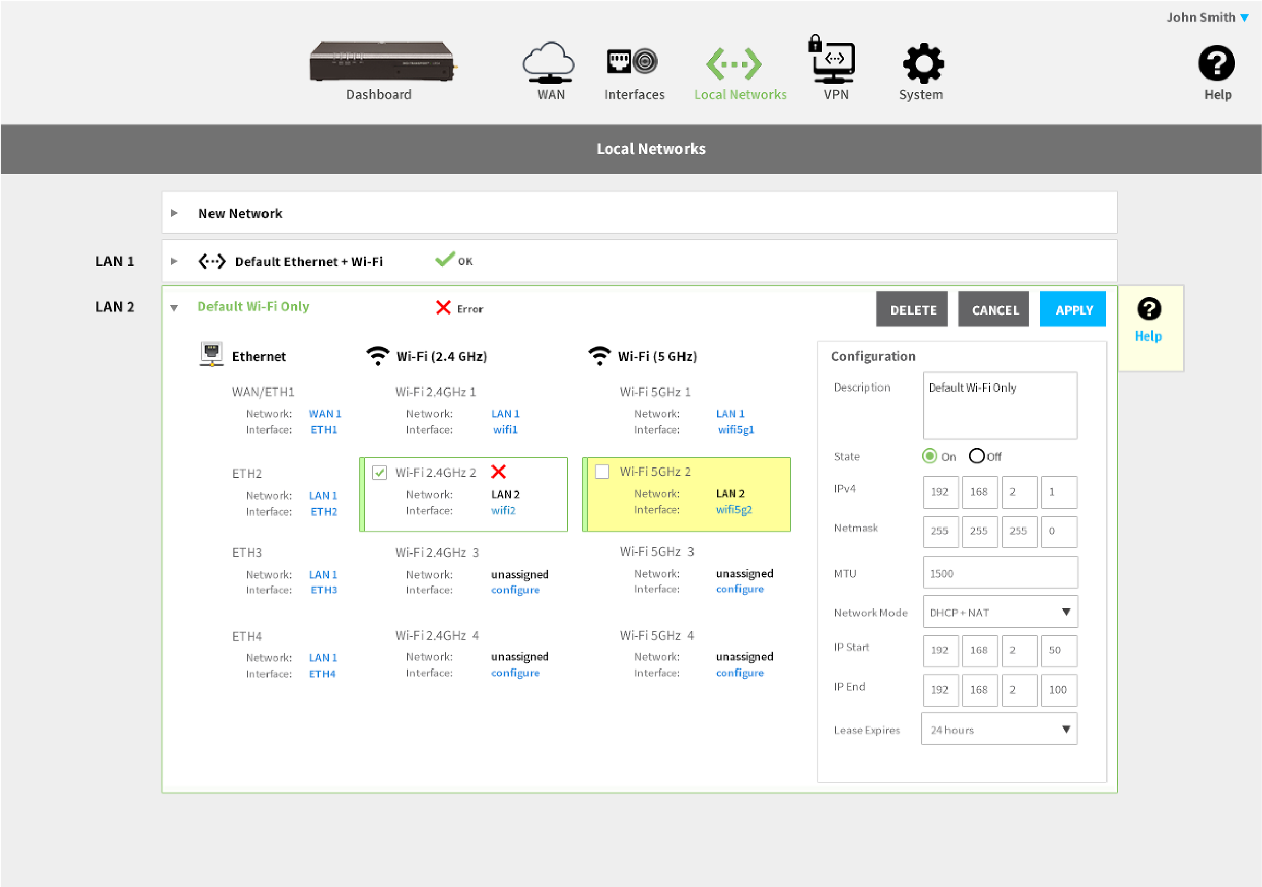 Router's web interface showing network configuration with LAN and Wi-Fi settings, including active, error, and unassigned networks.