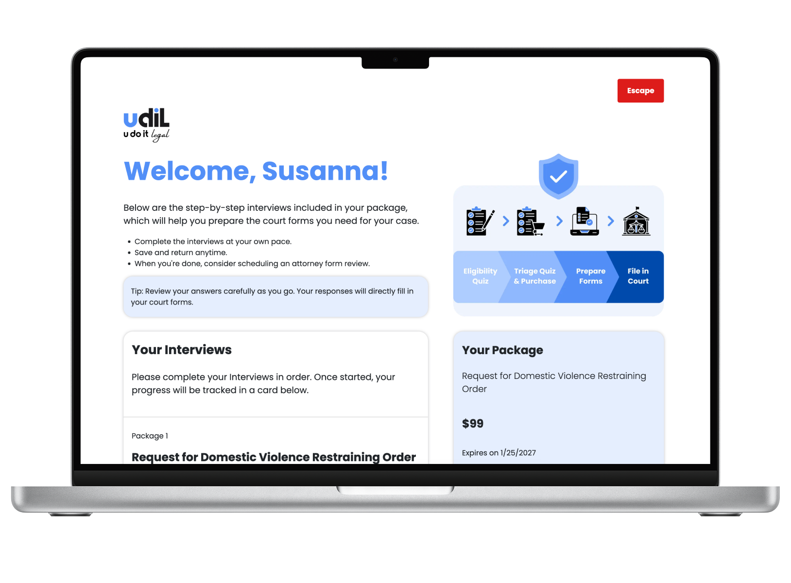 A laptop mockup showing the U Do It Legal dashboard