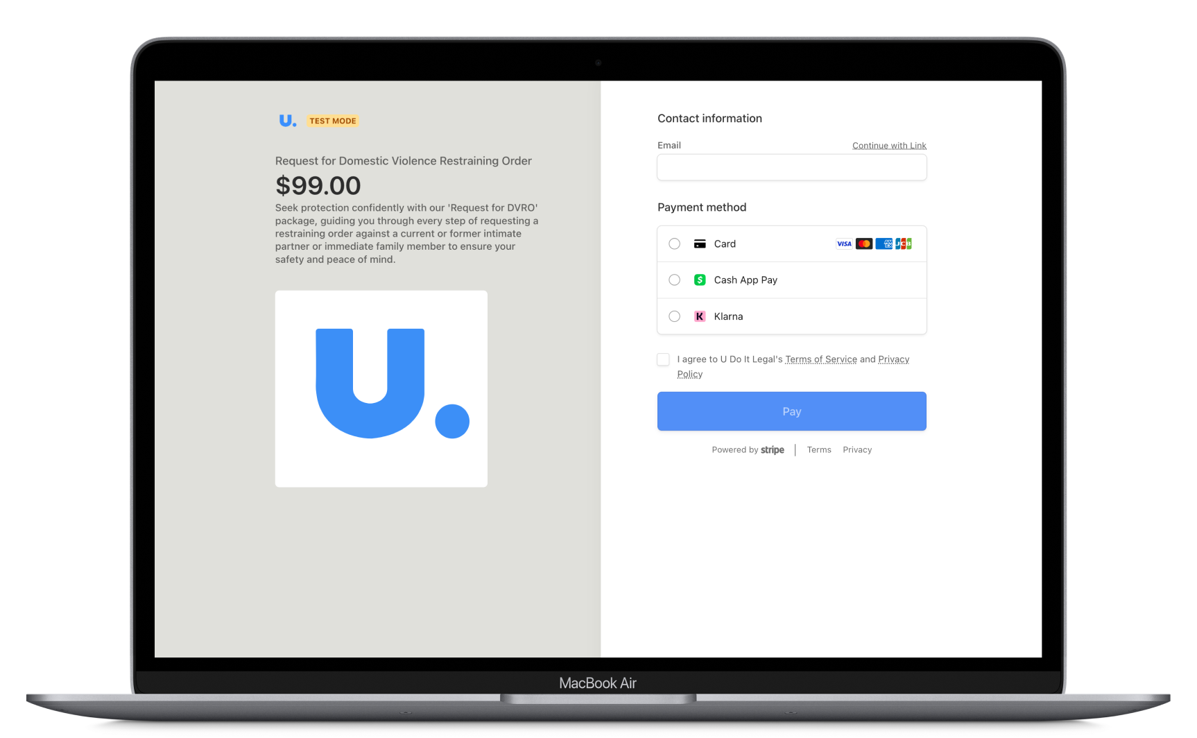 Macbook mockup of a U Do It Legal Stripe checkout screen.