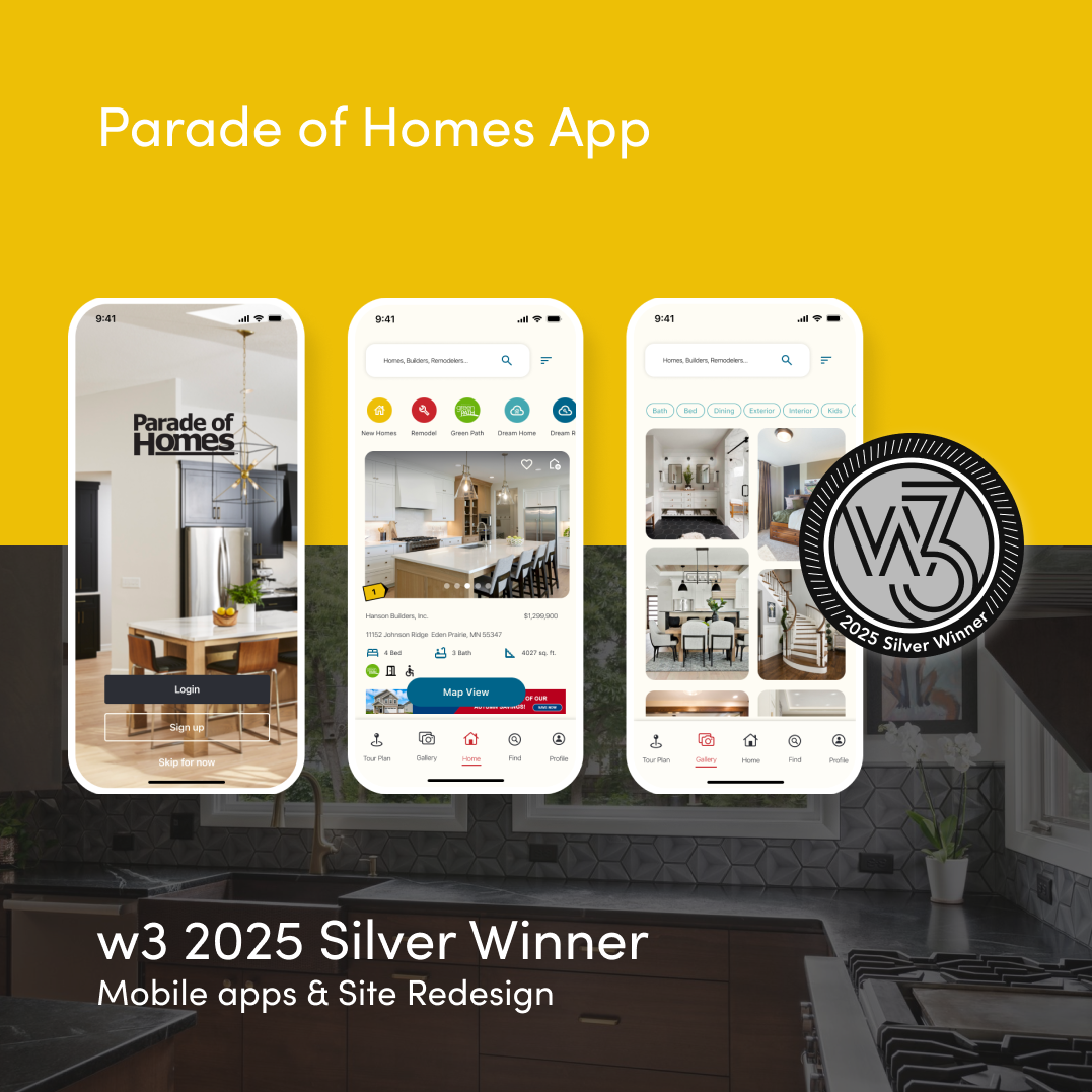 Mobile app screens displaying a home renovation and real estate platform called Parade of Homes, with a house kitchen on the left, property listings in the middle, and a gallery of interior photos on the right, on a kitchen background with award badge.