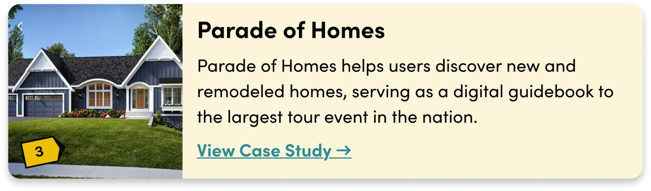 Parade of Homes tour home with tour tag, description, and link to case study