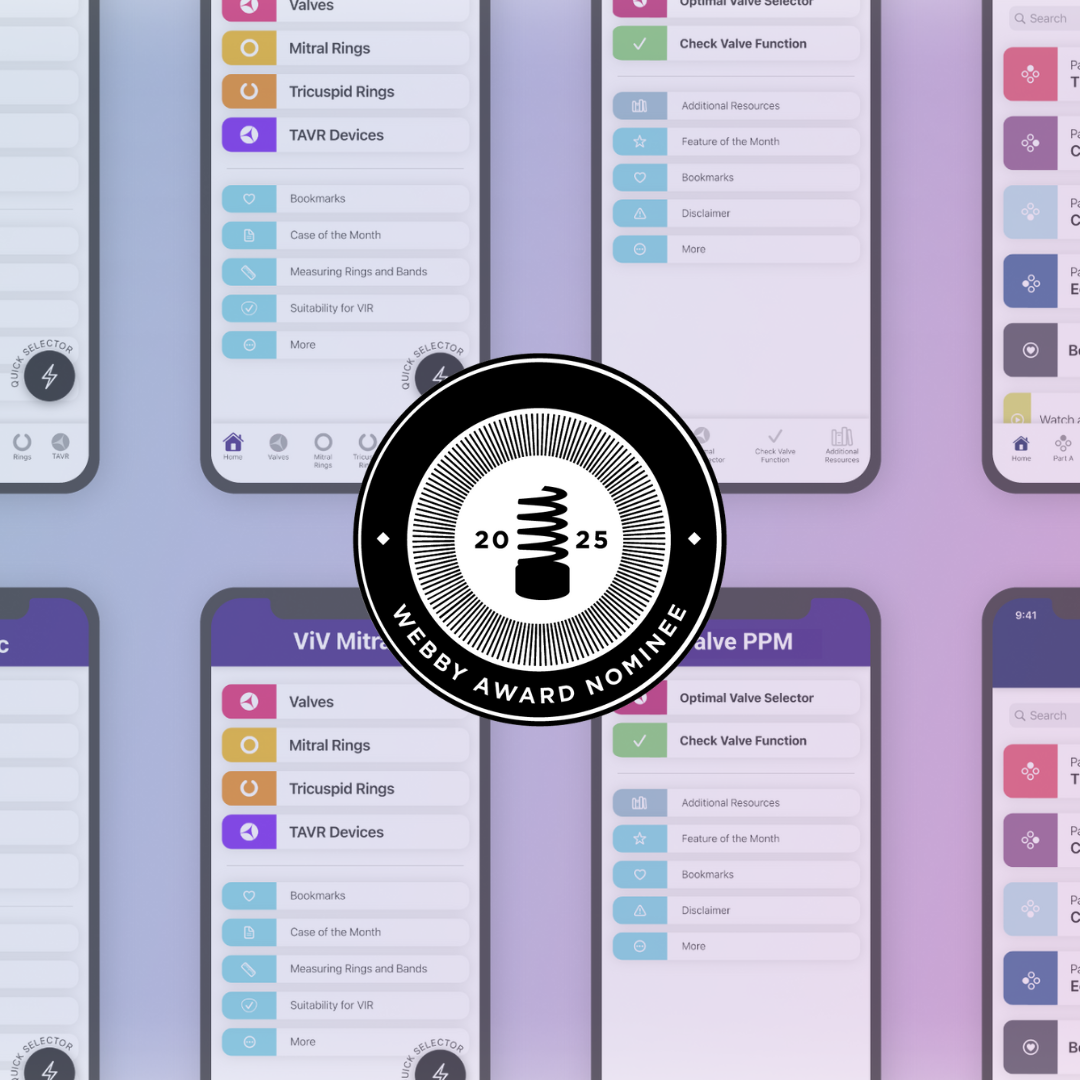 Multiple mobile phones displaying medical device management apps, with a Webby Award Nominee badge in the center.