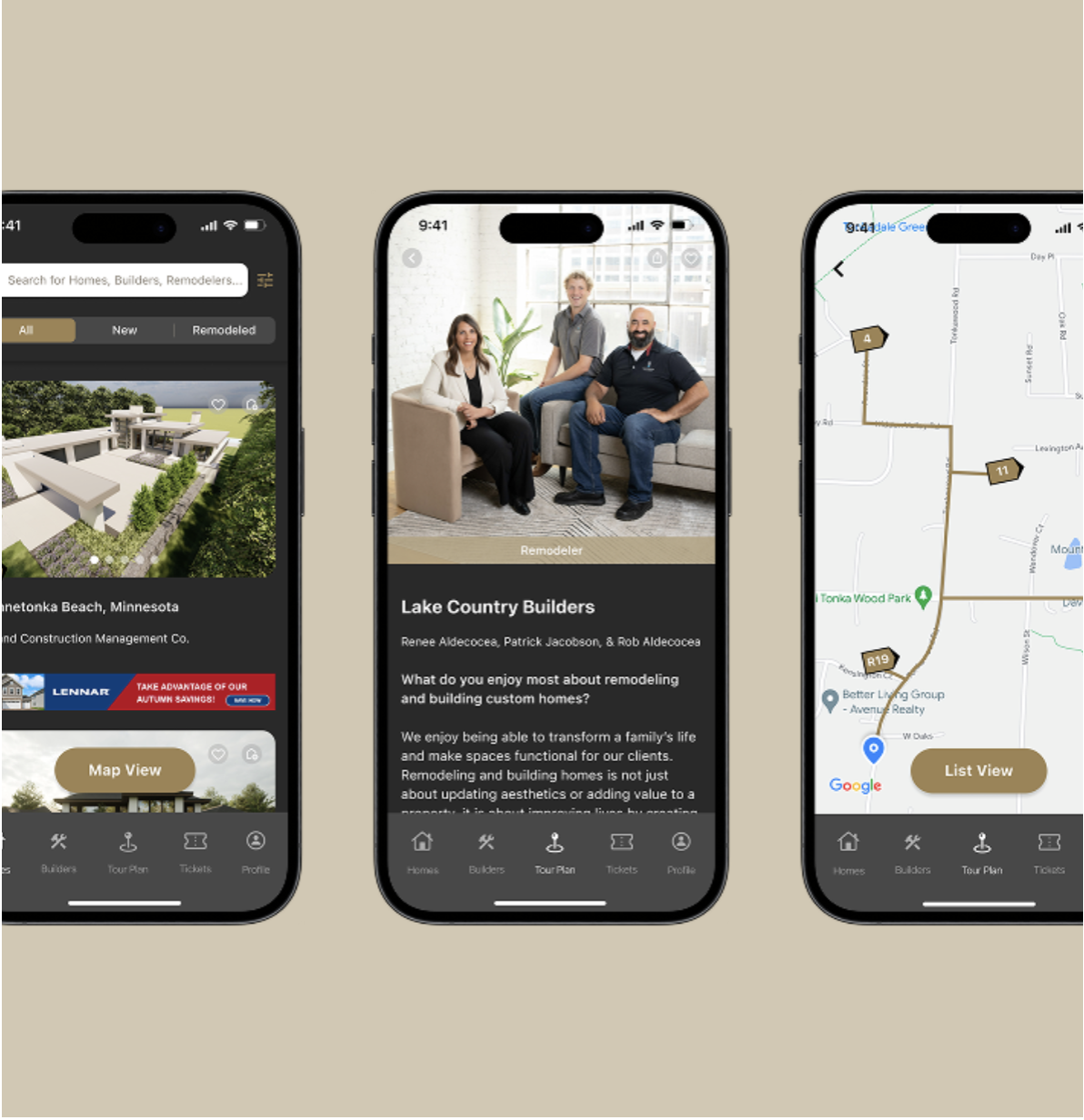 Three smartphones displaying a real estate app with property listings, a team photo of remodelers, and a map view of property locations.