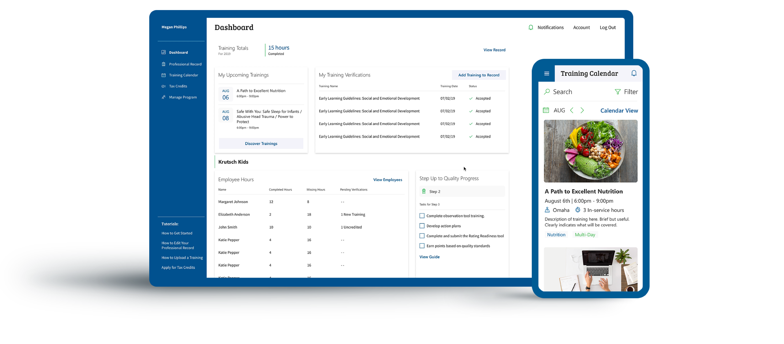 Dashboard and mobile app interface displaying training schedule, verifications, employee hours, and progress for a nutrition training program with a colorful food image.