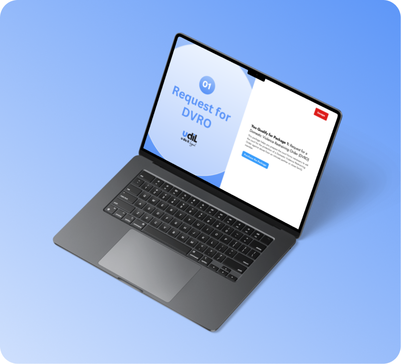 Macbook mockup showing a U Do It Legal DVRO package screen