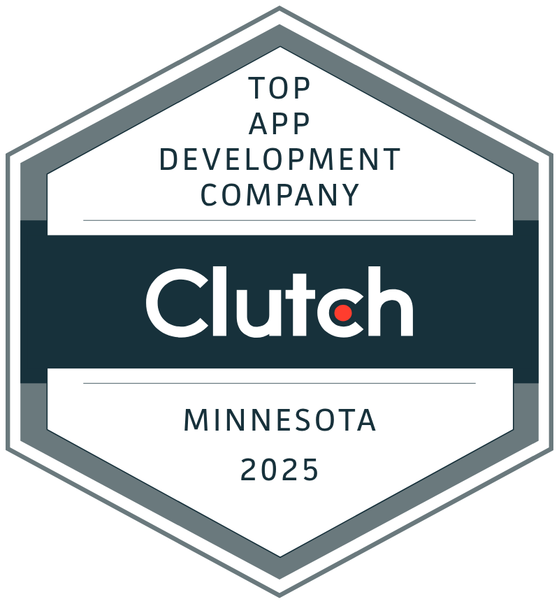 Hexagonal badge with text indicating 'Top App Development Company Clutch Minnesota 2025'.