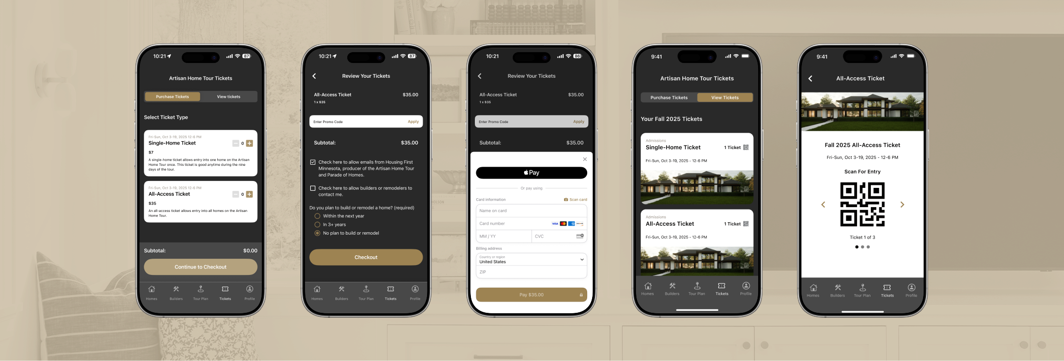 Mobile app screens showing purchasing Artisan Home Tour tickets