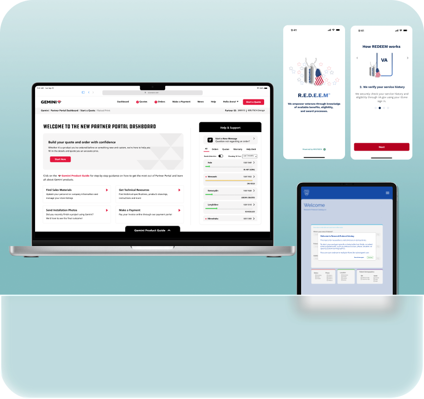 mockups of digital transformation products in a teal card