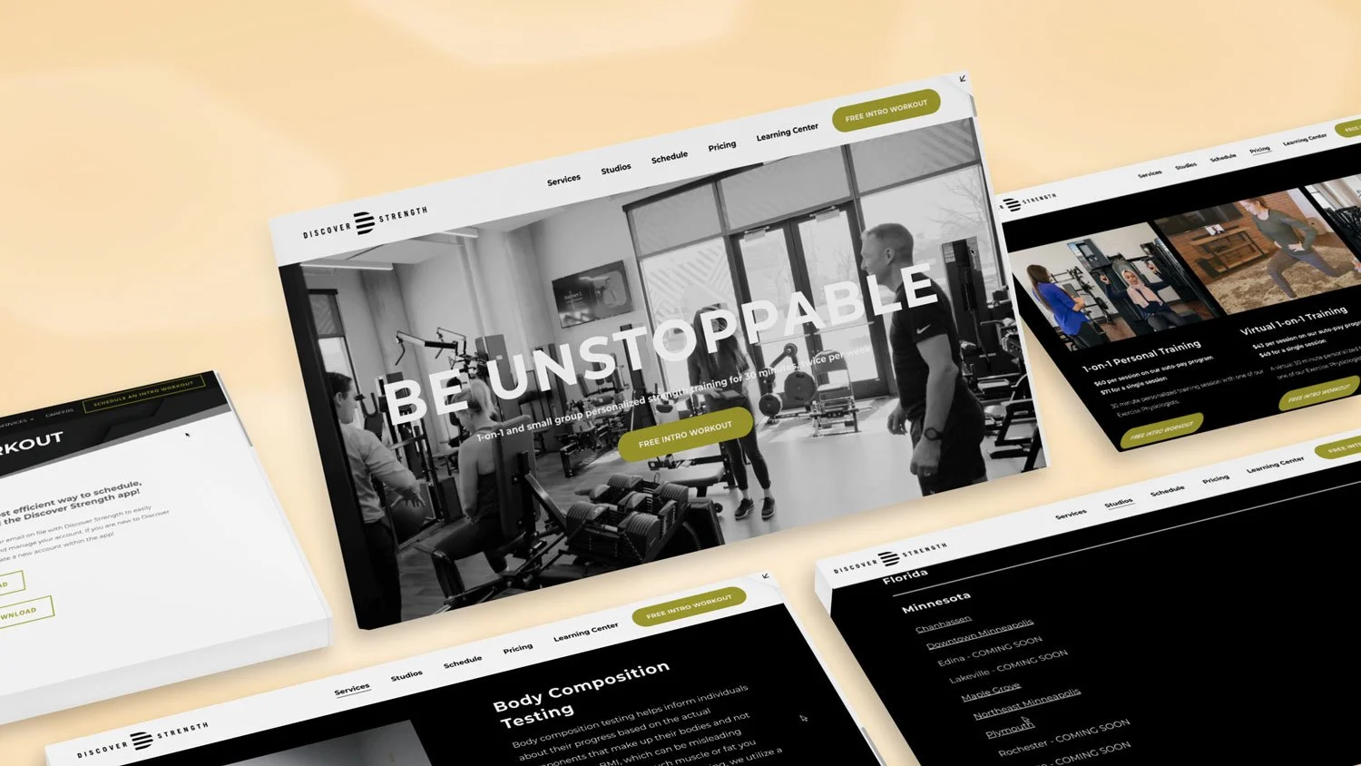 Multiple website screens showing fitness training programs and scheduling options for Discover Strength gym.