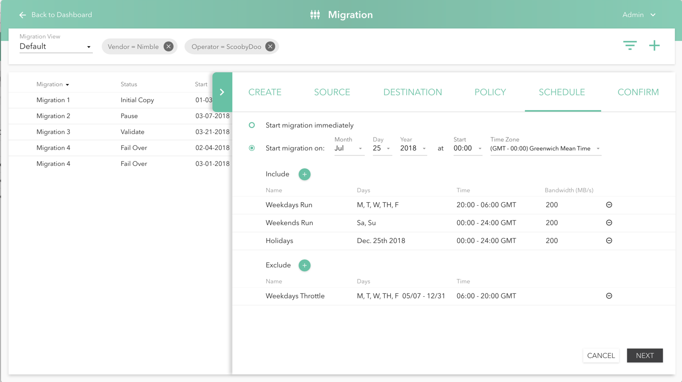 Screenshot of a software interface for managing data migrations, with tabs labeled CREATE, SOURCE, DESTINATION, POLICY, SCHEDULE, CONFIRM, and options to start, pause, validate, or fail over migrations. The interface includes sections for scheduling migration activities with details on days, times, and bandwidth.