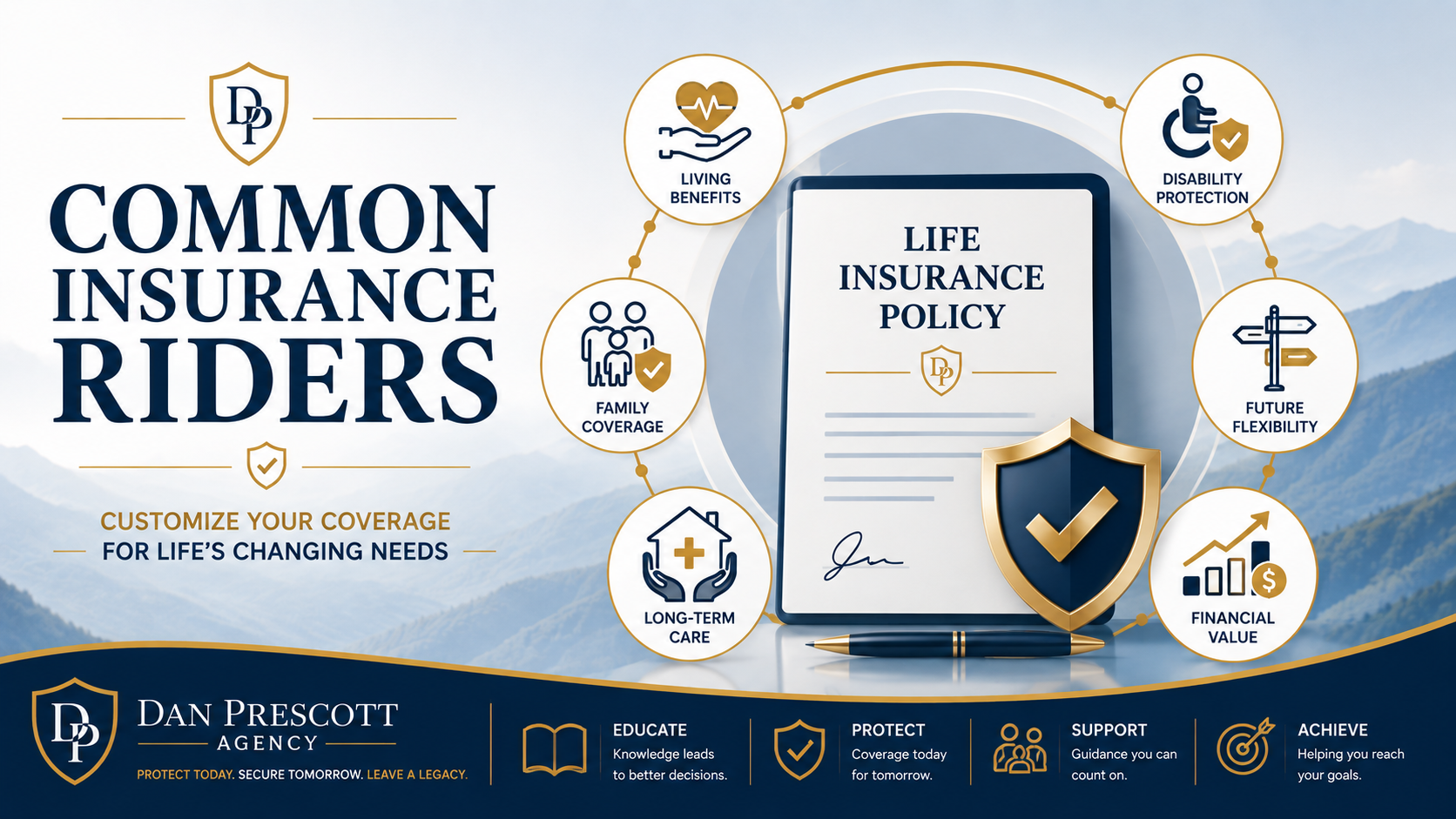 Life insurance rider guide organized by family, earning, health, later-life, and legacy planning stages.