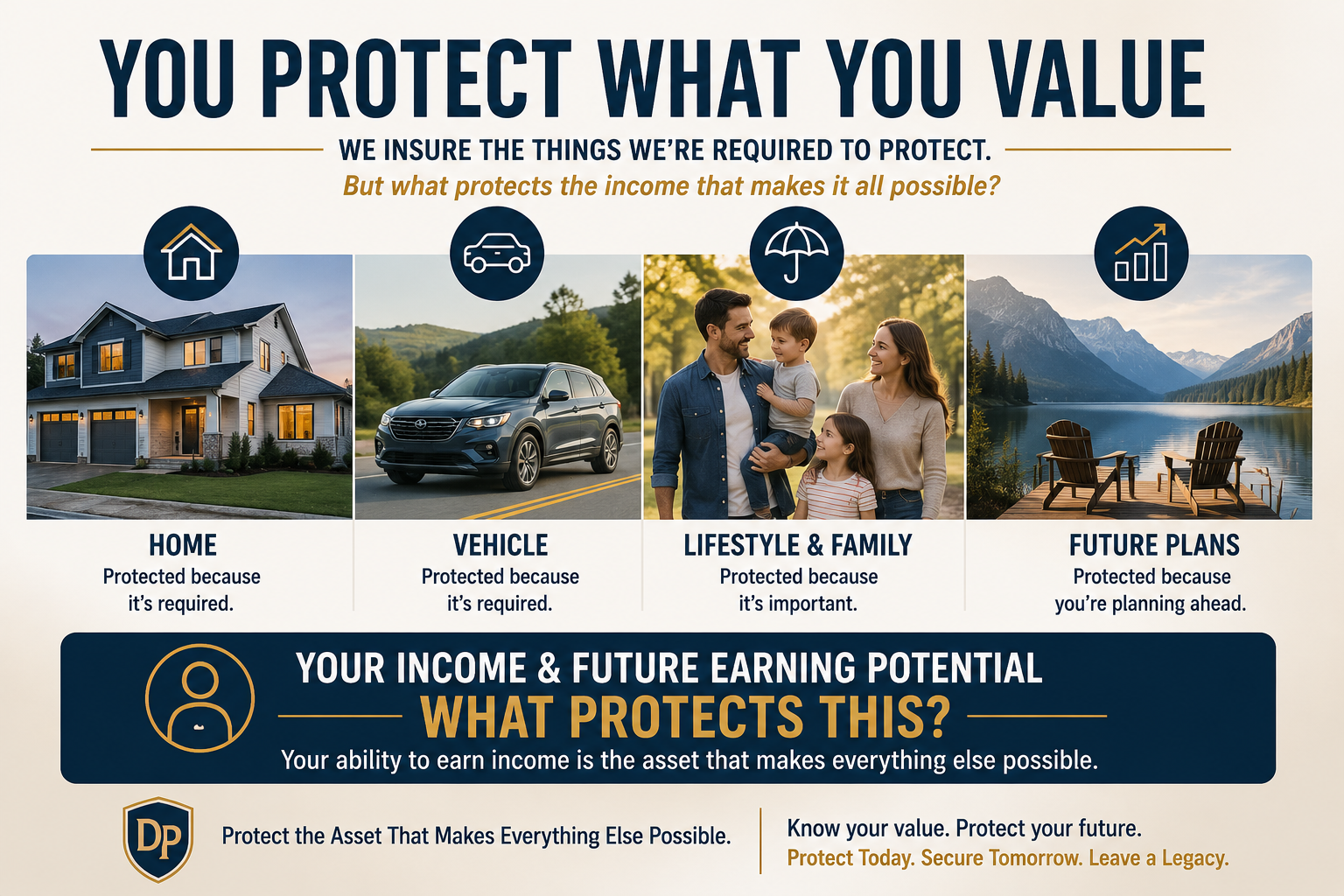 Comparison showing home and auto insurance beside protection for future income and Human Life Value.