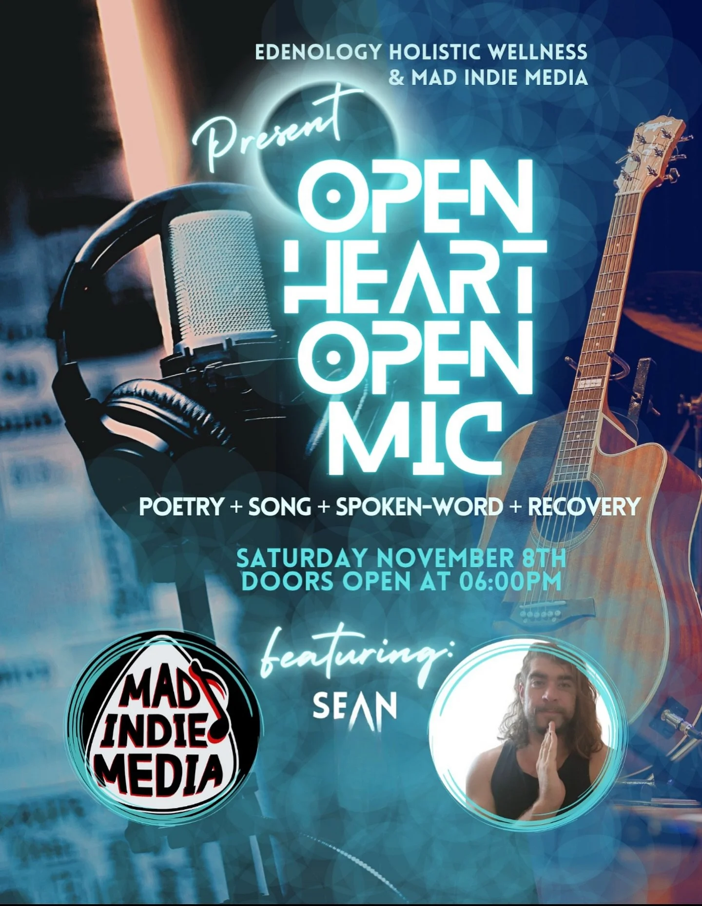 🎤💫 Open Heart, Open Mic 💫🎤
🗓 Saturday, November 8th | Doors open at 6 PM
📍 EDENOLOGY Holistic Wellness

Come and express your inner landscapes through art and frequency . . . a night where creativity meets connection 🎶✨

Share your soul throug