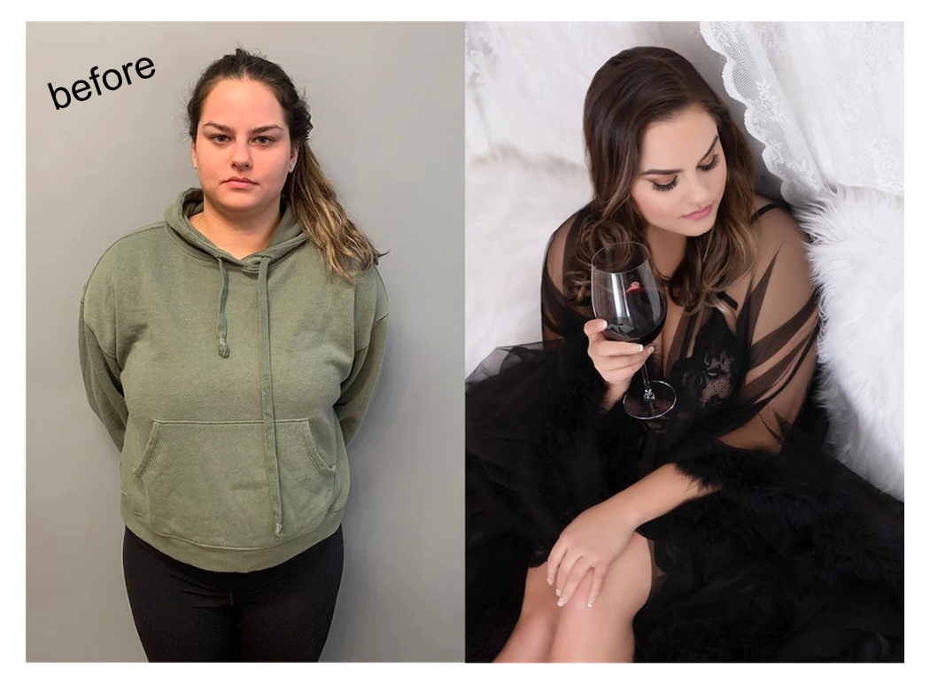 Before and after boudoir makeover with professional hair, makeup, and luxury portrait photography