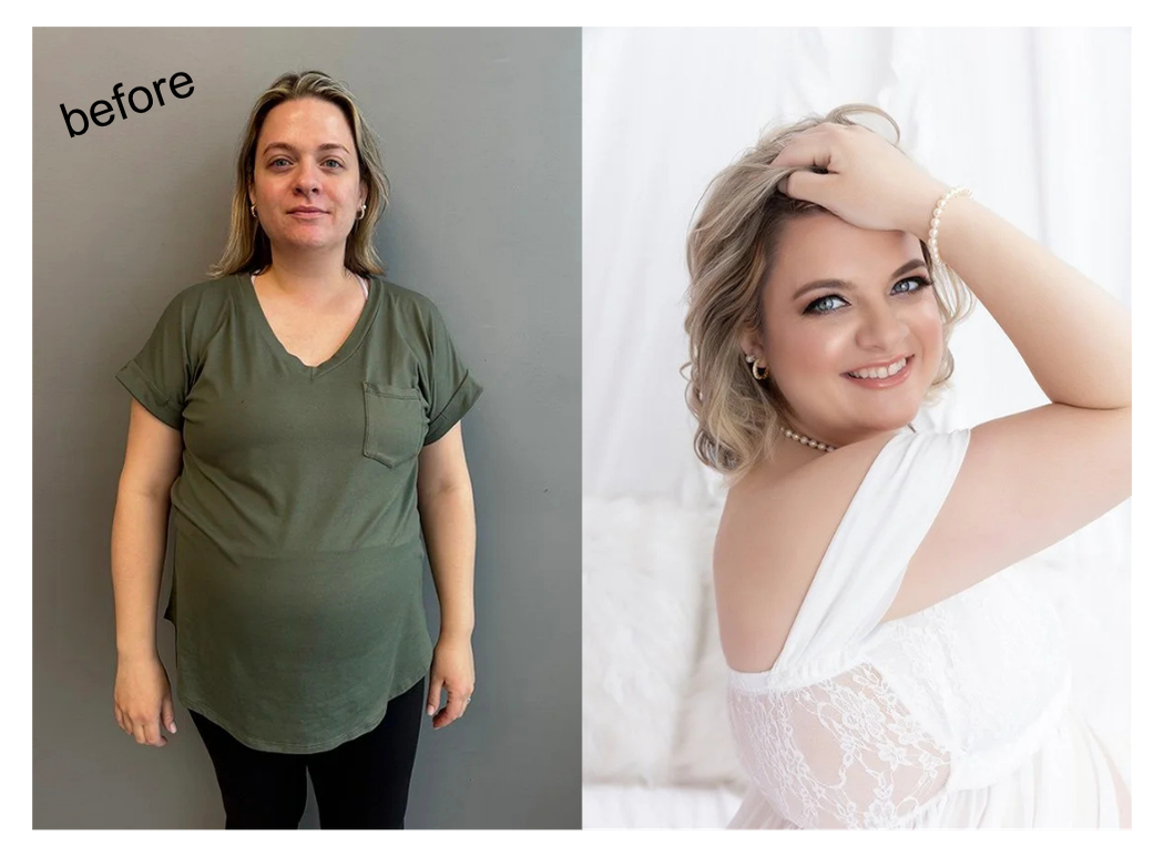 Boudoir photo makeover before and after featuring professional hair, makeup, and posing