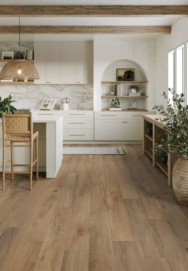 wood grain laminate flooring in renovated kitchen