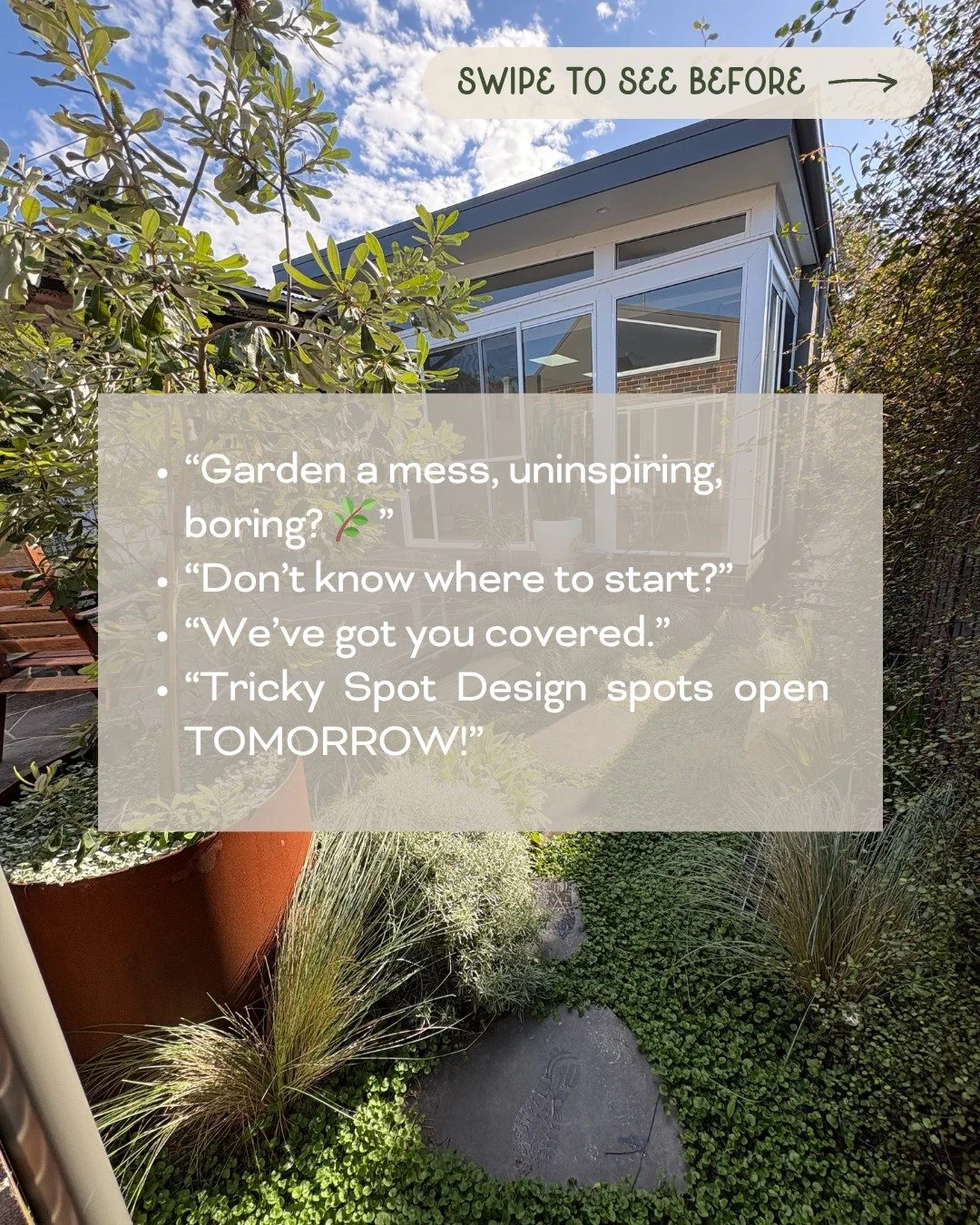 ✨ Tomorrow&rsquo;s the day! ✨
Tricky Spot design spots open, and this is your chance to finally tackle that uninspiring yard in time for summer.
🌿 Easy-to-follow affordable design
🌿 Planting list and plan that takes the guess work out of your garde