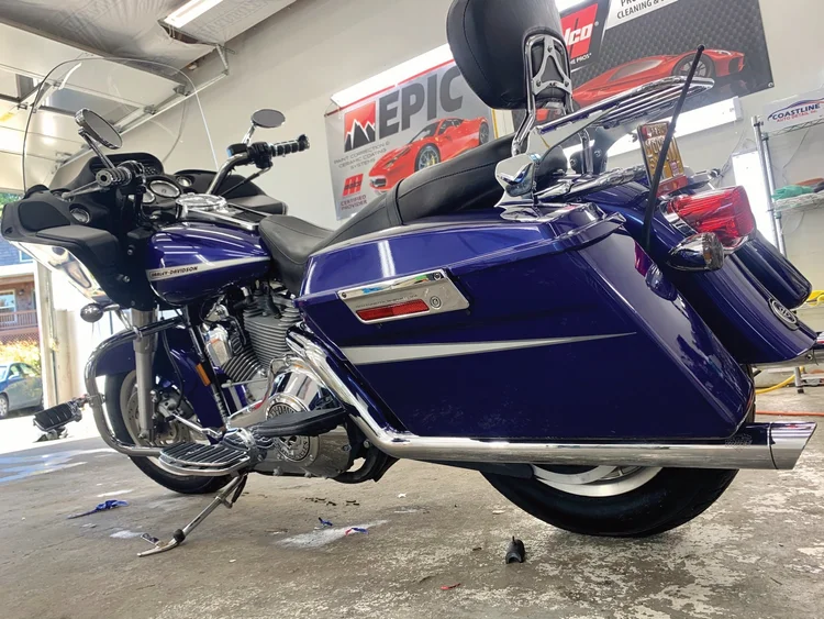Blue touring motorcycle after a motorcycle detail