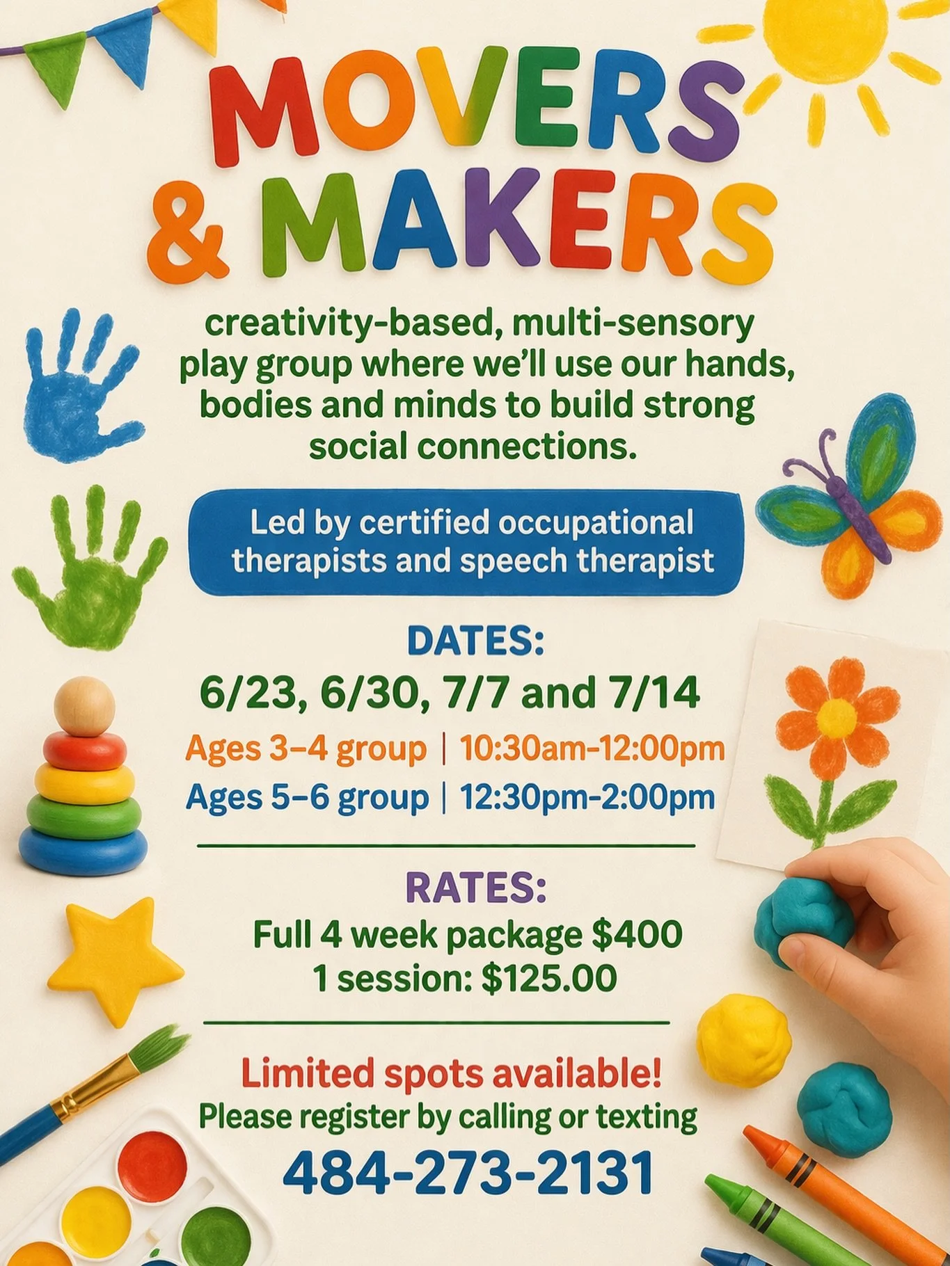 Be you speech therapy is hosting summer social play groups led by a certified occupational and speech therapist!

These groups are aimed to help your child develop social skills through movement and play based activities while also taking their indiv