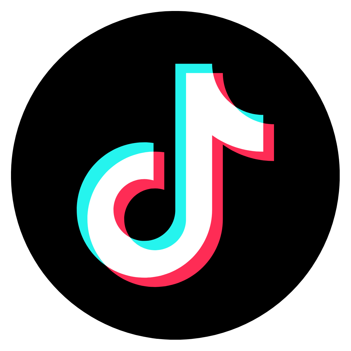 TikTok logo with black background, featuring a white musical note with light blue and pink outline.