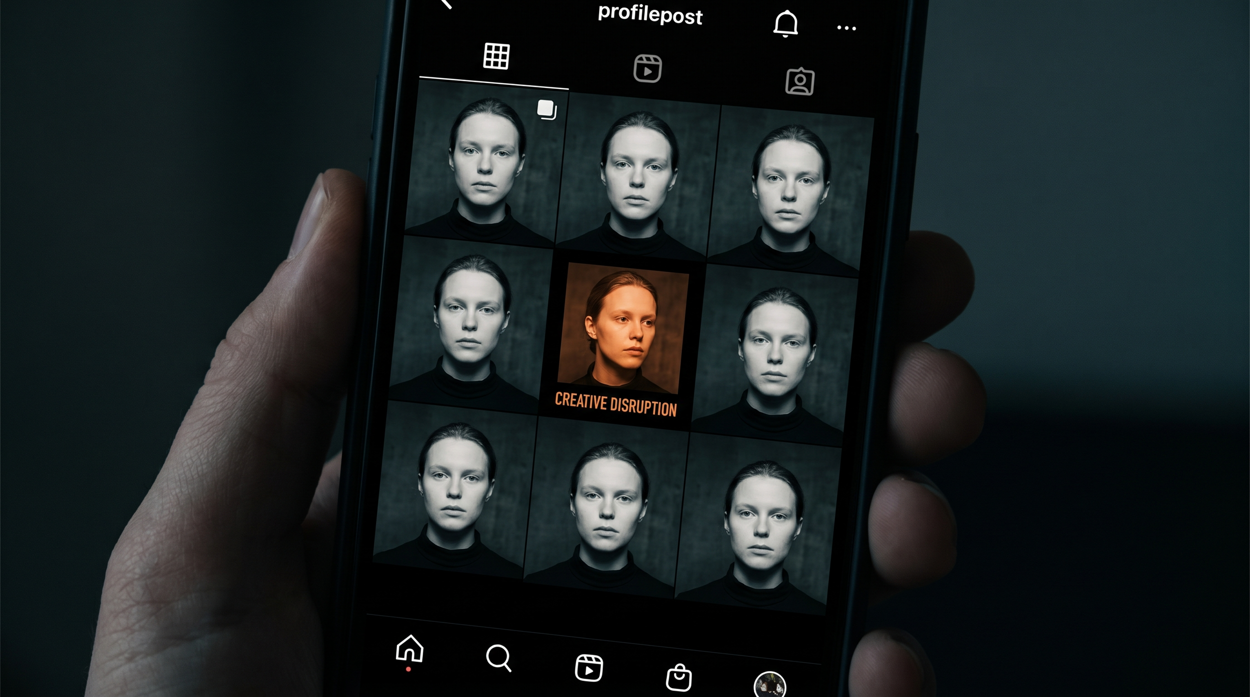 A person holding a smartphone displaying a photo editing app with multiple black and white portrait images of a woman. One image is highlighted with an orange border and labeled 'CREATIVE DISRUPTION.'