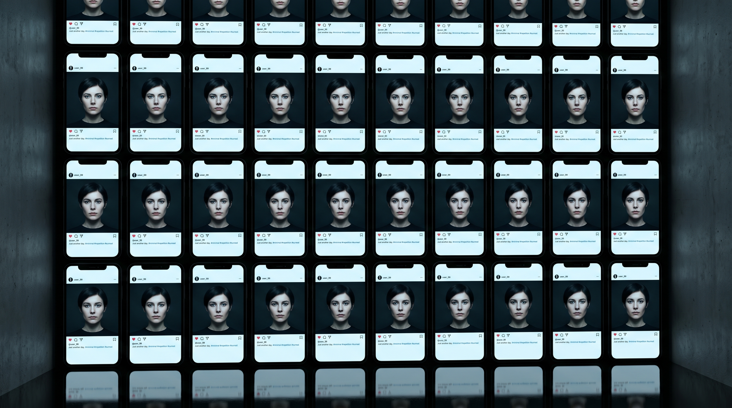 Multiple smartphone screens displaying a portrait of a woman with short dark hair and a serious expression, arranged in a grid on a dark wall.