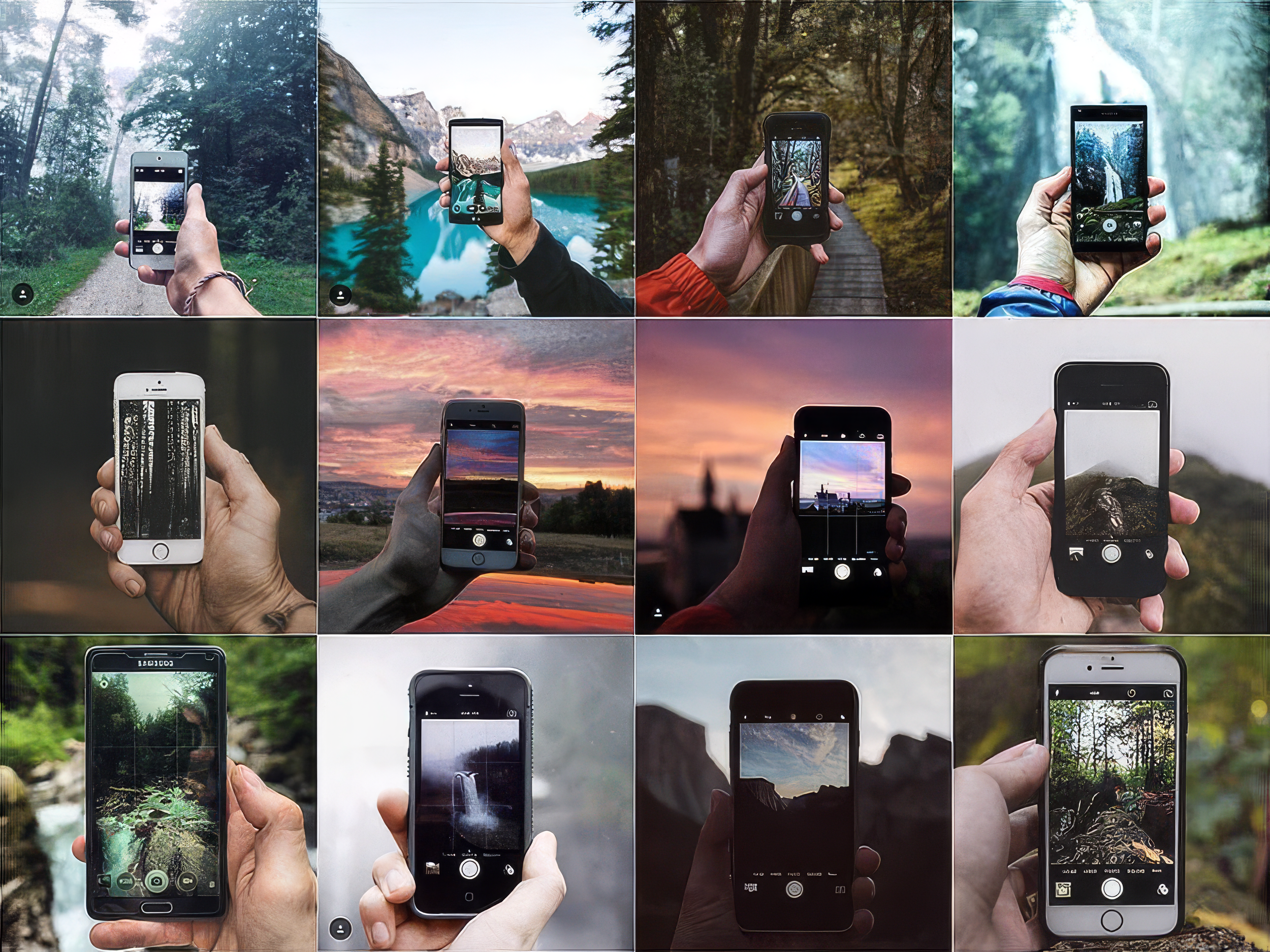 Various images of people taking photos with smartphones outdoors, capturing nature scenes such as lakes, waterfalls, forests, and sunsets.