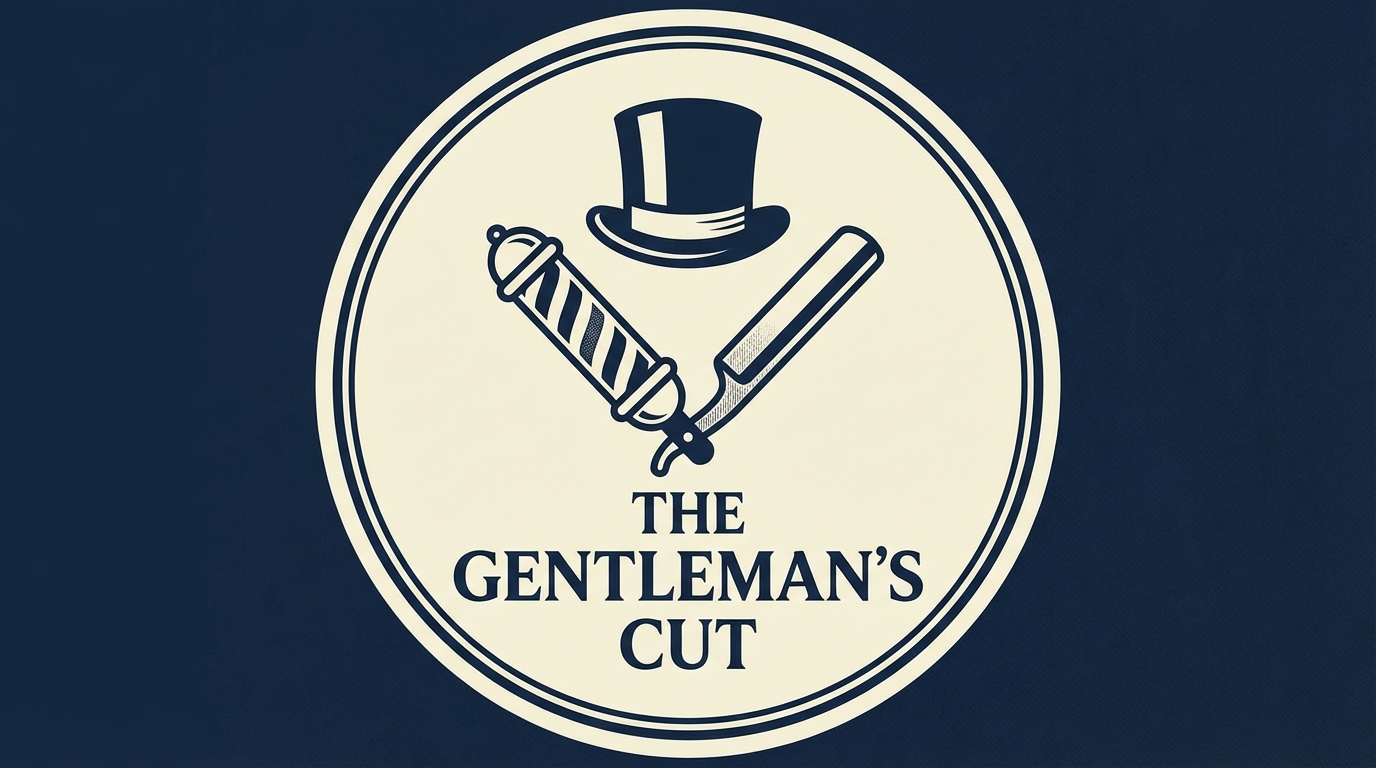 Logo with a top hat, straight razor, and straight razor with a barber pole design, and the text 'The Gentleman's Cut' beneath.