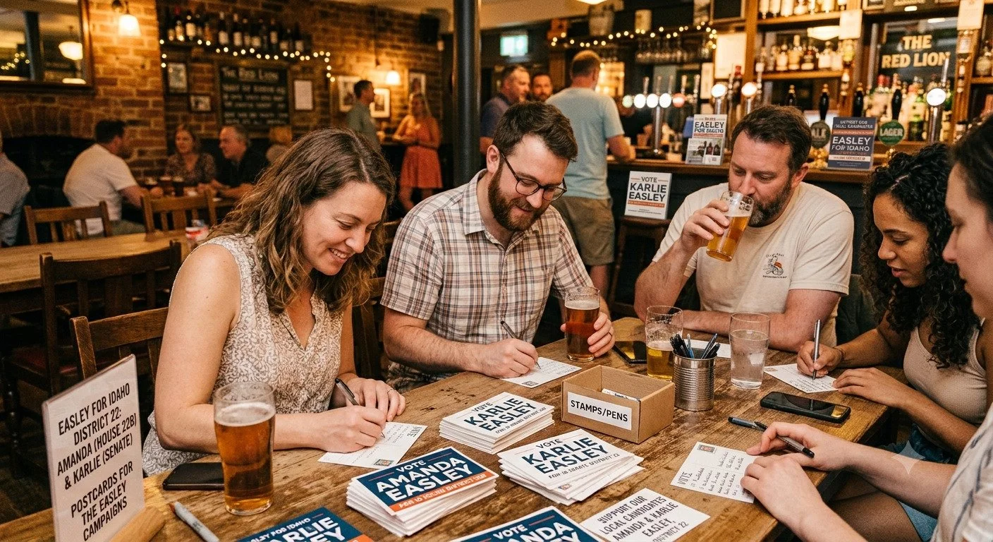 AI depiction of writing Easley campaign postcards in a bar