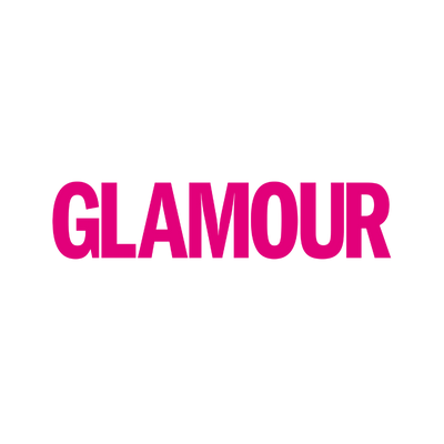 Glamour magazine logo with the word 'Glamour' in bold pink letters beneath a black icon of a woman in a dress.