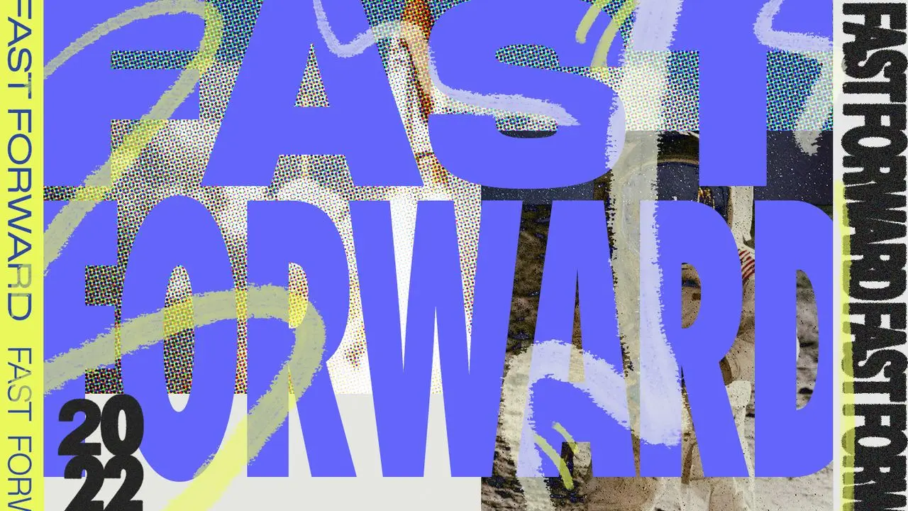 A colorful, overlapping graphic design poster with text that reads "EAST FORWARD" on a yellow sidebar, "FAST FORWARD" on another yellow sidebar, and "FASHION." in black on white background. The poster features large blue and purple text with layered abstract shapes and splashes of yellow, blue, and black.