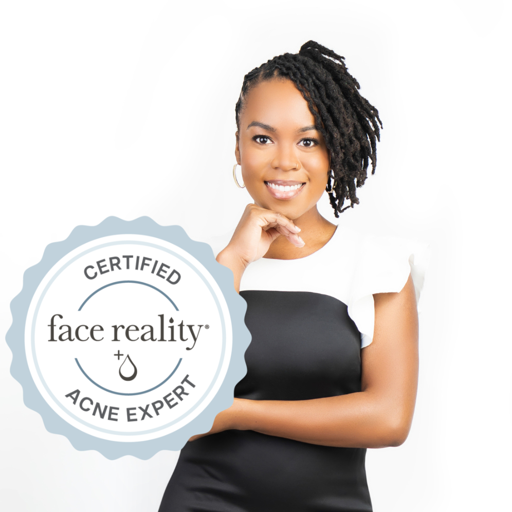 Dinah Bar-Jona, owner of Cherish Beauty Aesthetics and Certified Face Reality Acne Expert, smiling with certification badge.